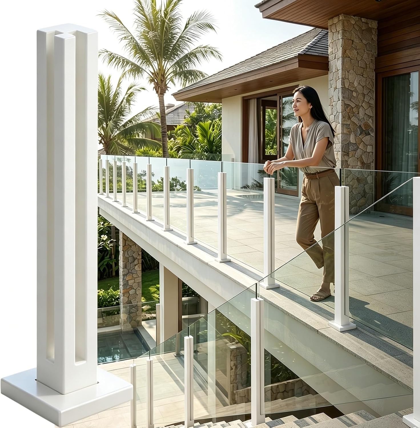 AVLLSO Stair Spindle 10mm Frameless Glass Fence Clamps with Slot and Base, Square Glass Balustrade for Balcony, Deck & Stairs(Corner Post,80cm/31.5 in)
