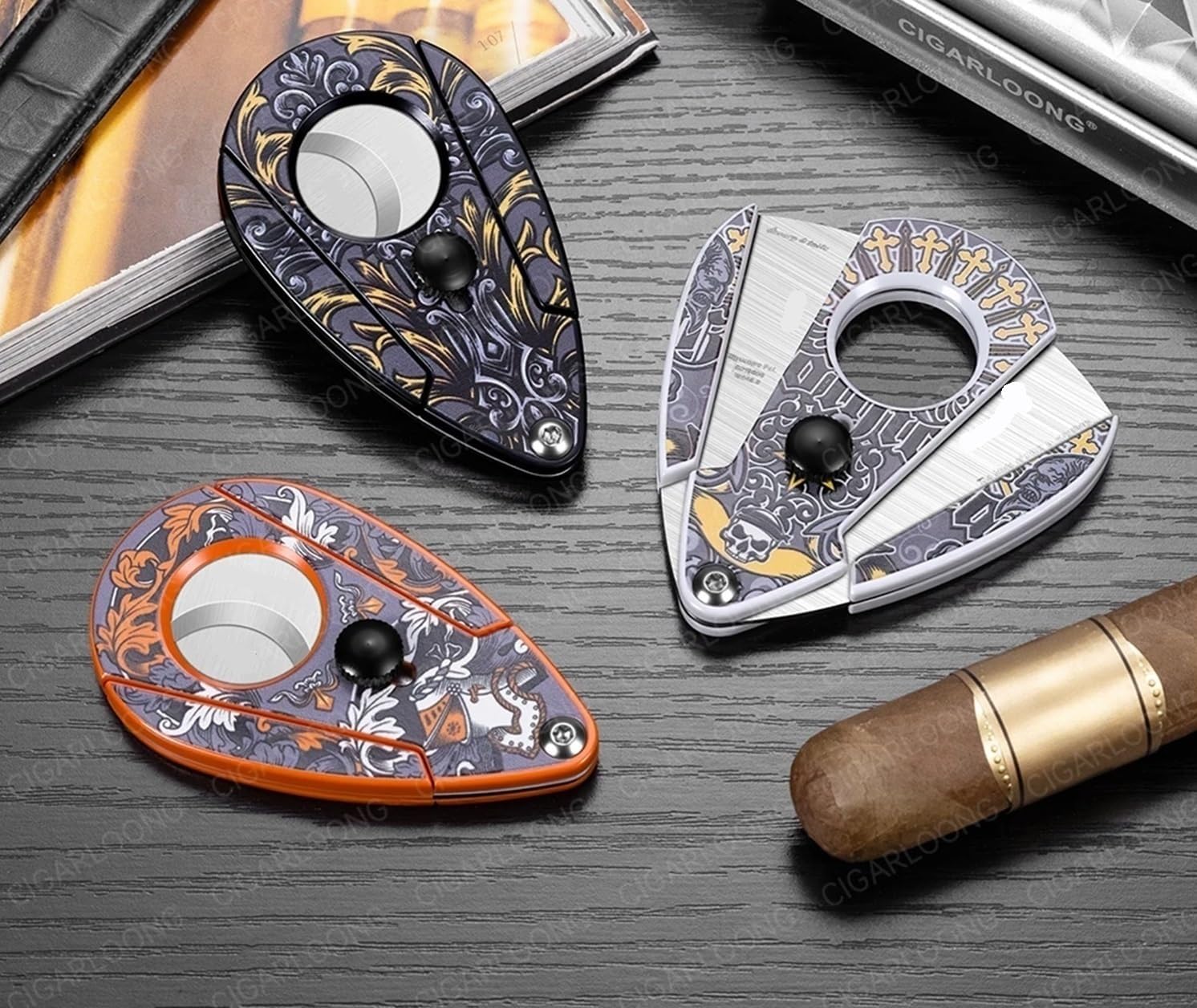 ZUC Professional Cigar Cutter, Precision Double Blade Guillotine Tool, Fan-Shaped Handheld Clipper, Wood Grained and Polished Metal Accessory(C)