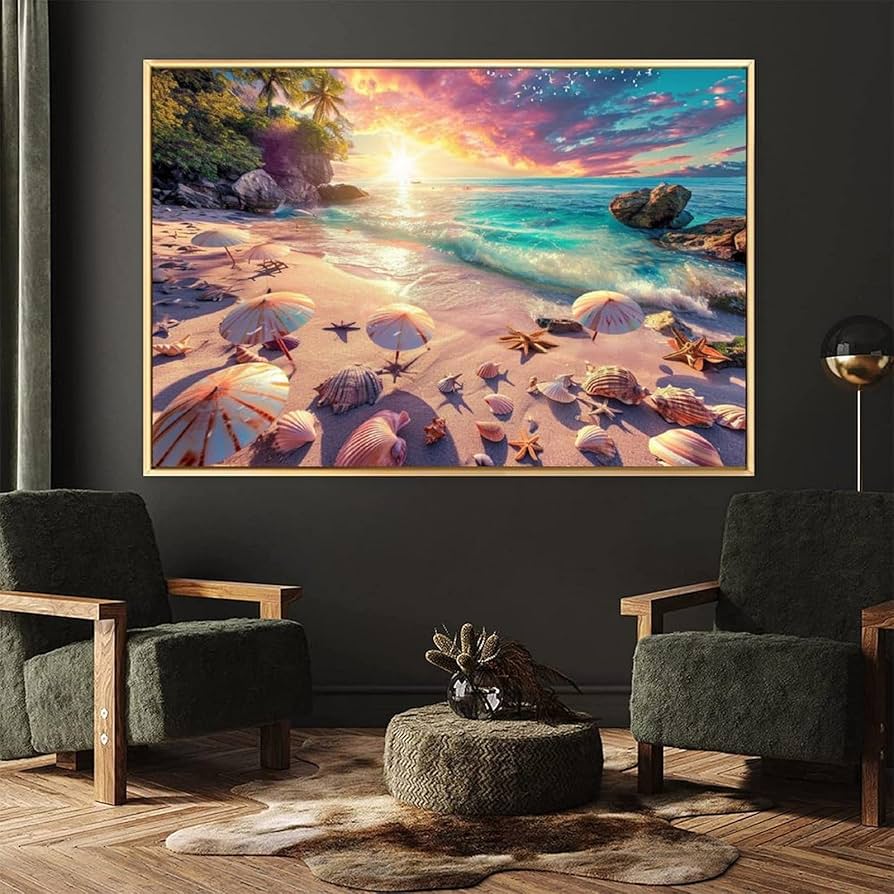 Amazon.co.jp: 絵画 海辺の砂浜にある貝殻の群れインテリア 絵画