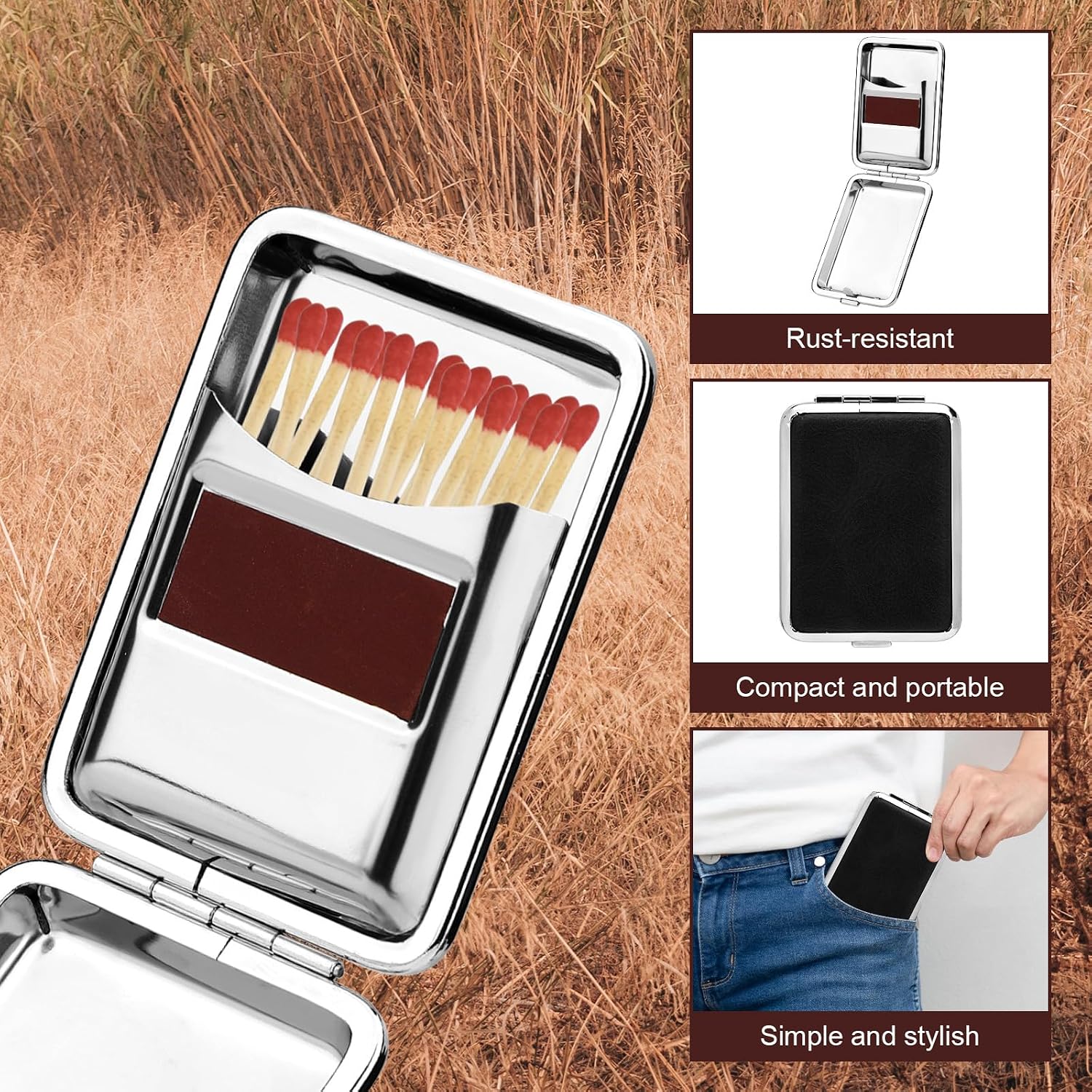 Metal Match Box Case & 10pcs Friction Plates, Portable Match Storage Case Damp-Proof Matchstick Holder One Button Matchstick Container for Outdoor Camping image 4