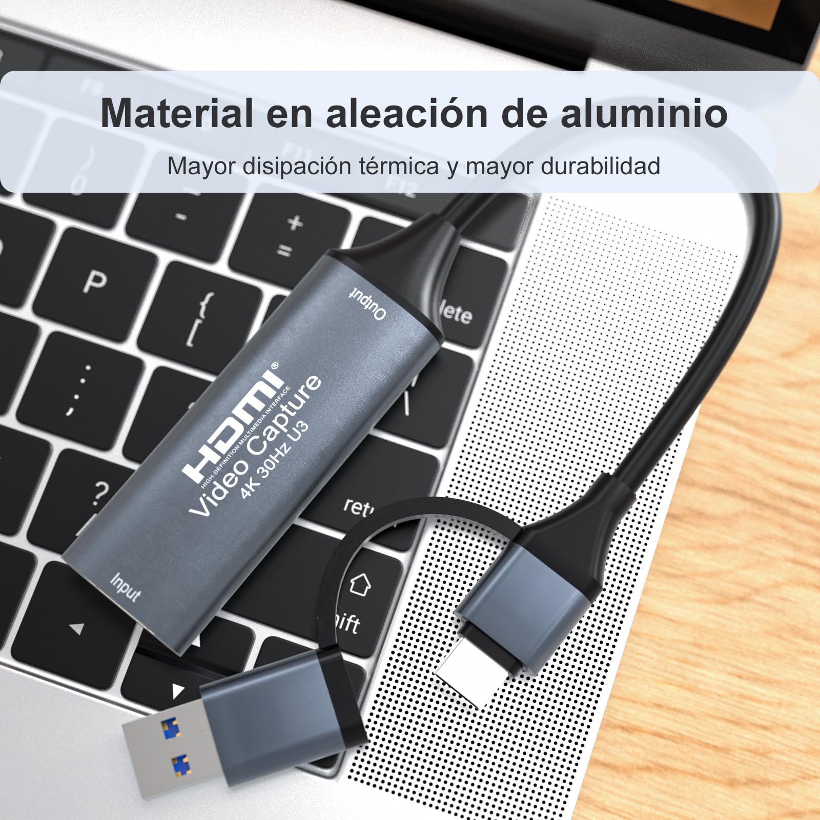 Tarjeta de Captura de Video HDMI 4K@30Hz/1080P@60Hz, Dispositivo de transmisión USB 3.0 y Type-C para Juegos/difusión en Vivo, aleación de Aluminio. — view 3