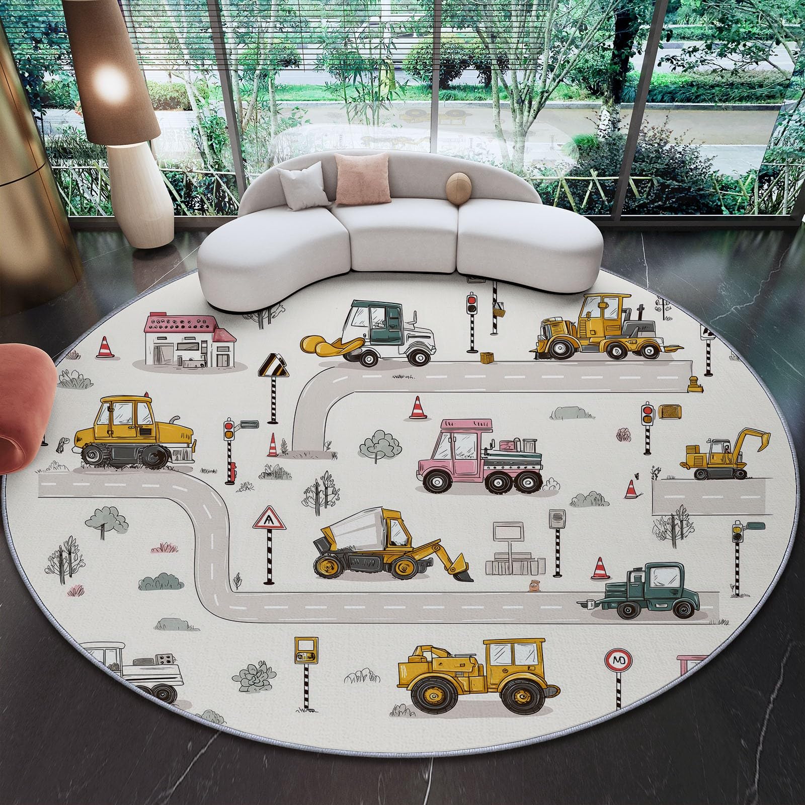Generico Beige Tappeto Rotondo 120 cm - Antiscivolo Lavabile Tappeti per Cameretta Soggiorno, Cartone Animato Carino Auto Veicoli Stampa Morbido Flanella Tappeto Rotondo per Divano
