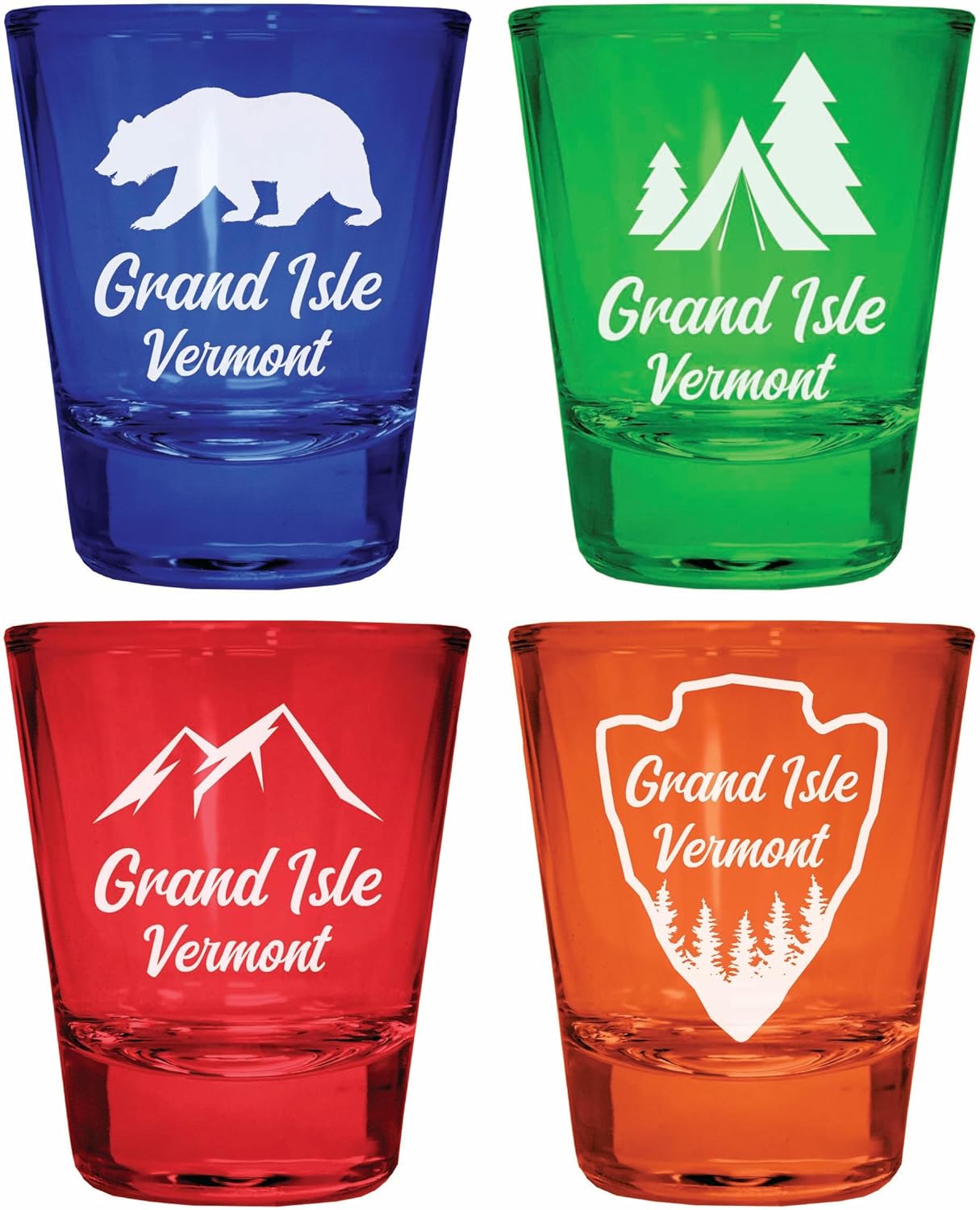 Set de 4 Vasos Shot Grabados Multicolor Grand Isle Vermont Souvenir