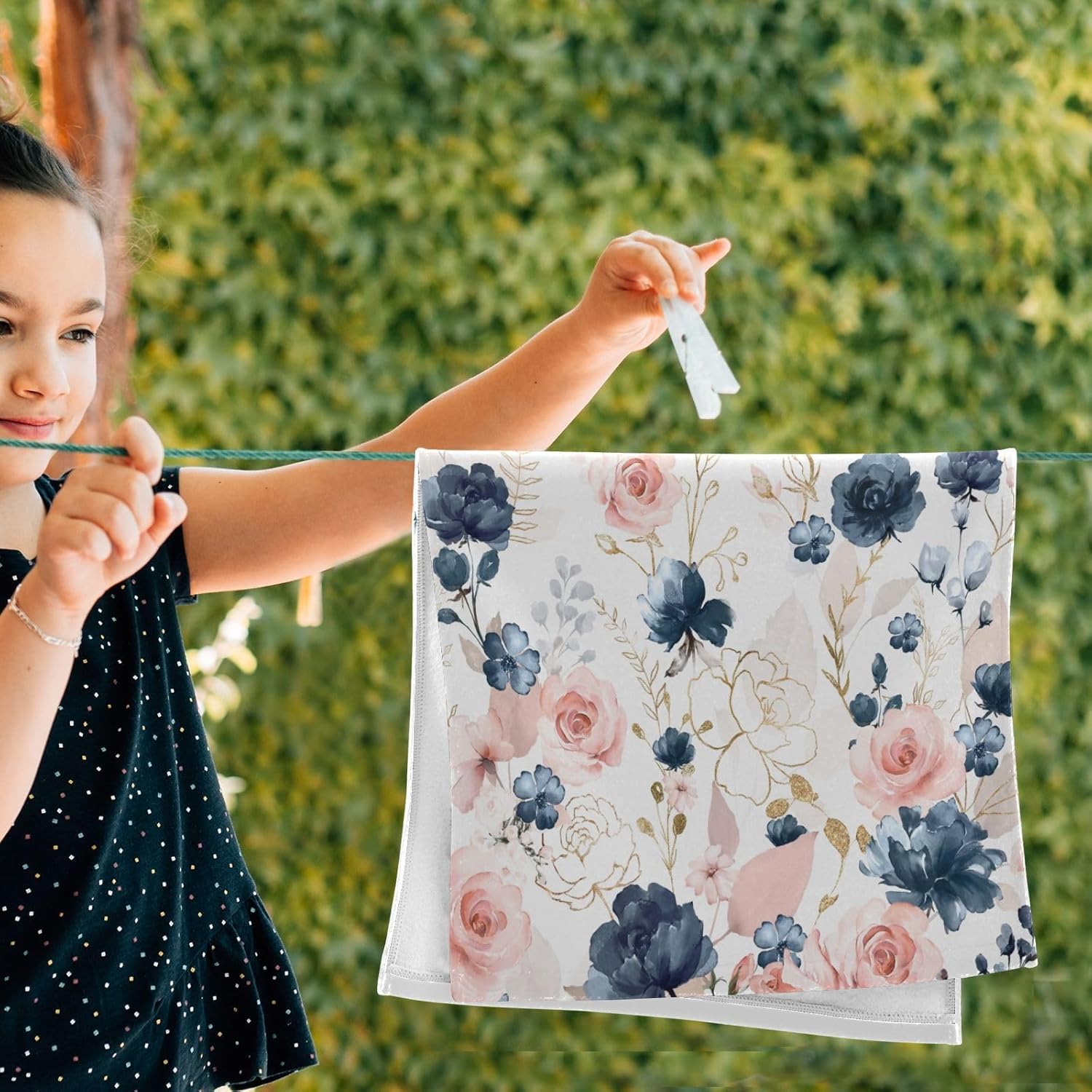 2 Pack Watercolor Rose Floral Hand Towels Soft Absorbent Vintage Elegant Navy Blue Pink Blossom Flower Bathroom Decor 14"x28" Guest Face Bath Towels,Decorative Towels for Bathroom,Kitchen - Image 4