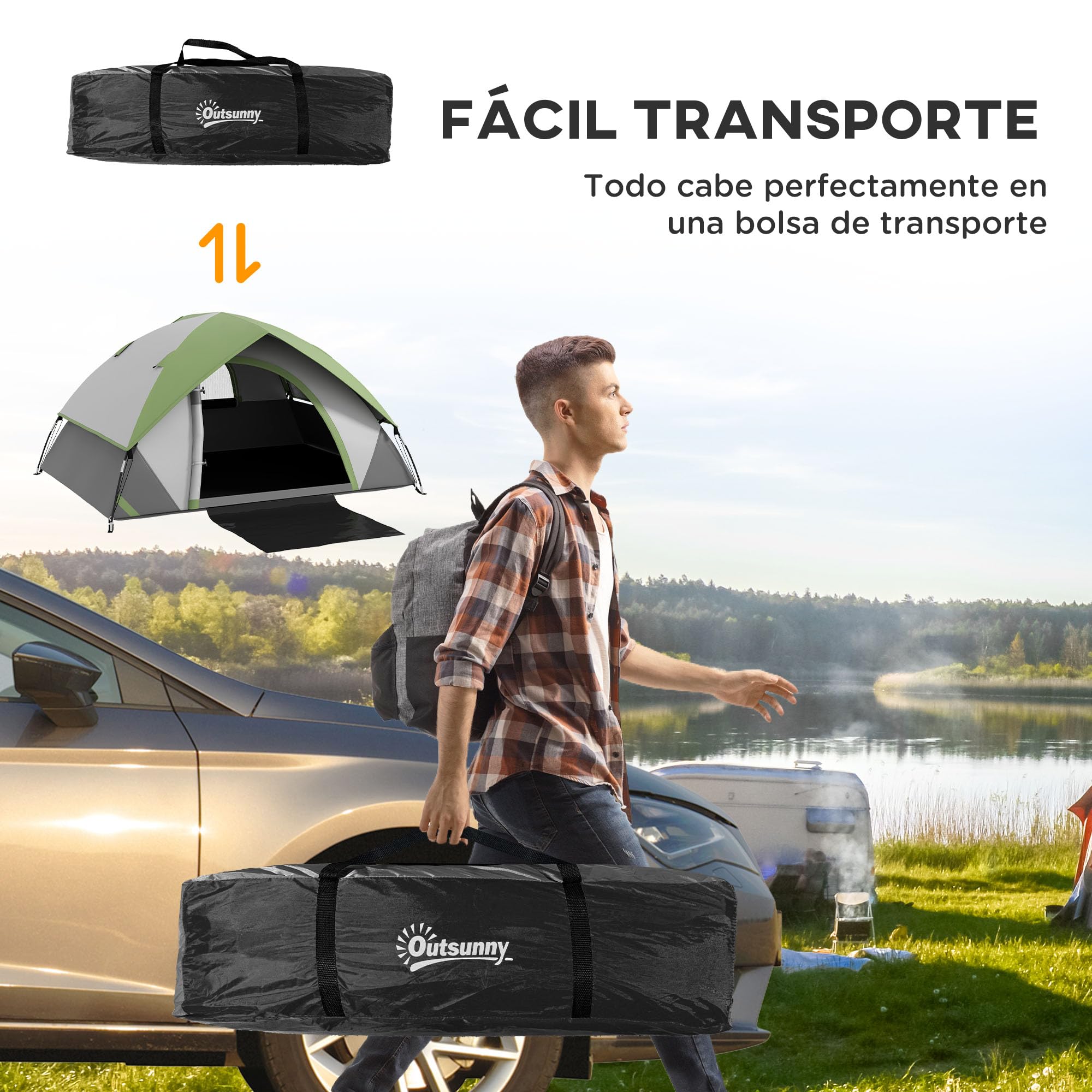 Outsunny Tienda de Campaña para 2 Personas Tienda de Camping Plegable Ligero con Ventana y Bolsa de Transporte Impermeable 3000 mm 210x150x110 cm Gris y Verde