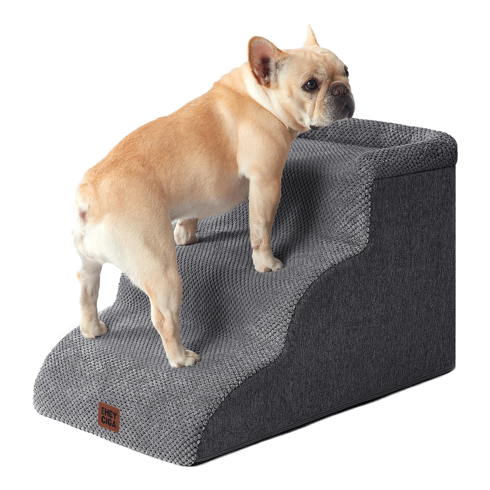 EHEYCIGA Escalera Perros 3 Peldaños, Rampa Perro para Cama y Sofá, Gris | Espuma Alta Densidad, Base Antideslizante, Funda Lavable, 40x60x35.5 cm, para Perros Pequeños y Grandes, Mascotas Mayores