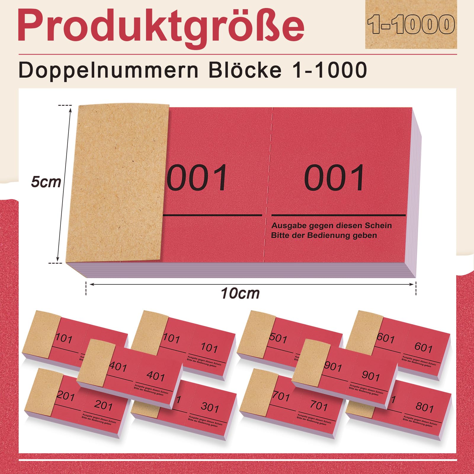 Nezyo Doppelnummern Blöcke 1-1000 Nummernblöcke Lose Nummeriert Garderobenmarken Großpackung Zahlenblöcke für Garderobe Events Party Messen, 10 x 5 cm(Rot)