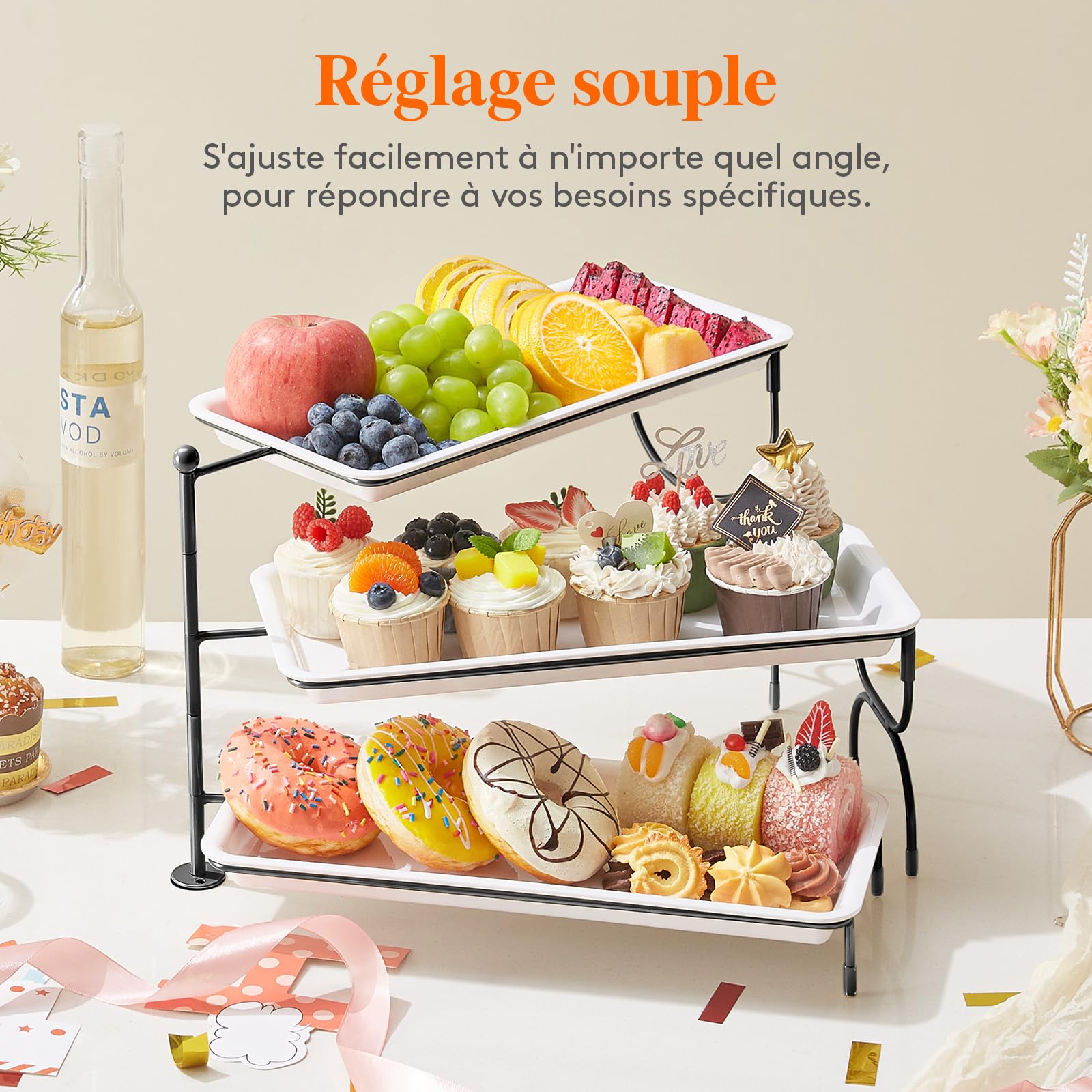 Lifewit Plateau de Service avec 3 Plats, Plateau Repas Amovible, Grand Plateau Plastique Rectangulaire 36 × 17cm, Presentoir Aperitif Buffet, Présentoir à Gâteaux, Panier Fruits, Support en Métal Noir