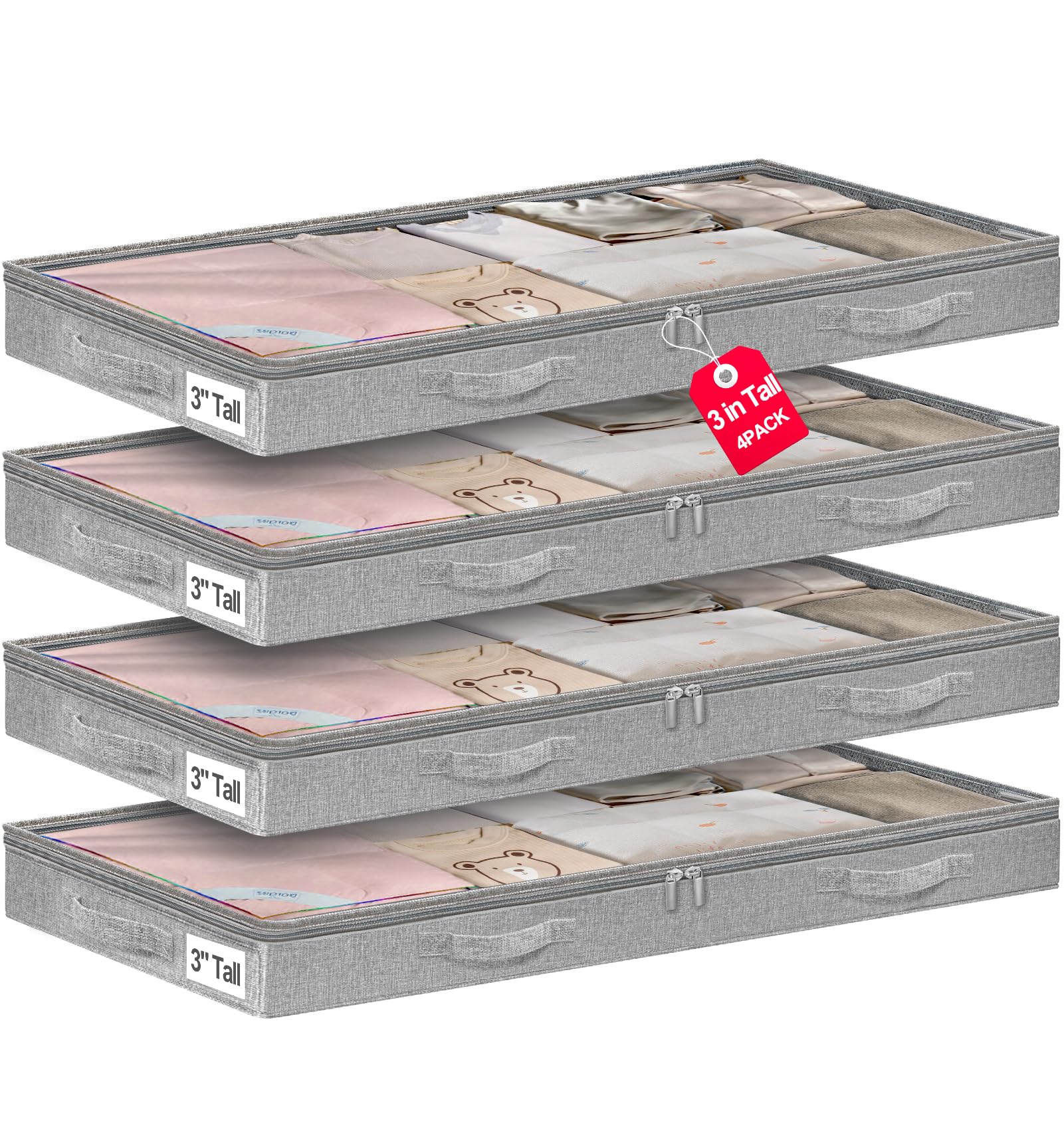 punemi 3-Inch Low Profile Under Bed Storage Containers，No-Structure, Soft Foldable Zippered Underbed Cloth Blanket Storage bins — Fits Under Crib,