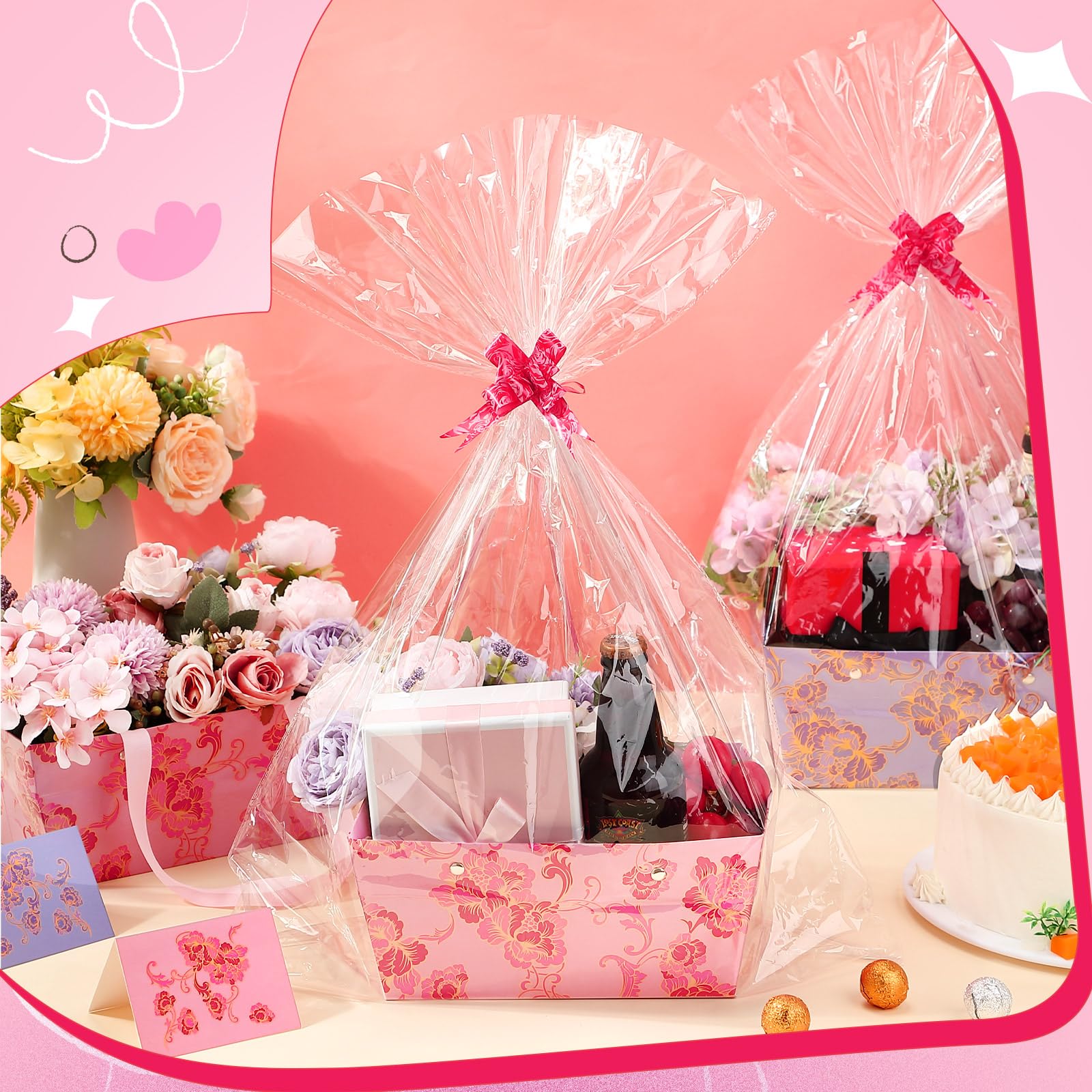 Kolldenn 48 cestas de flores vacías para regalos de 9.8 x 6.5 pulgadas, cesta de regalo floral para llenar caja de ramo resistente con asas, lazos, bolsas de plástico y tarjeta para el día de la