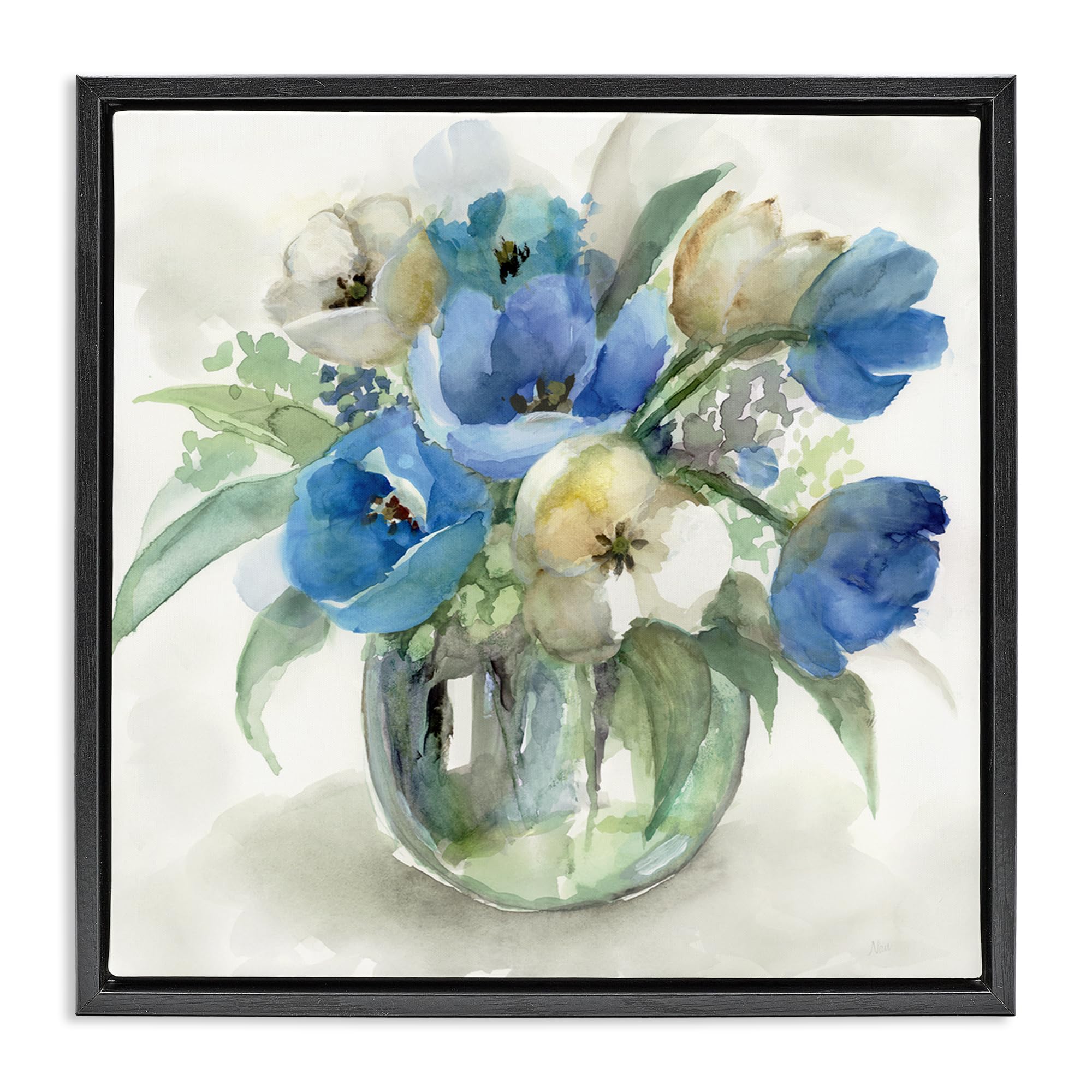 'Blue Tulip Watercolor Bouquet'| Floating Frame Canvas Art