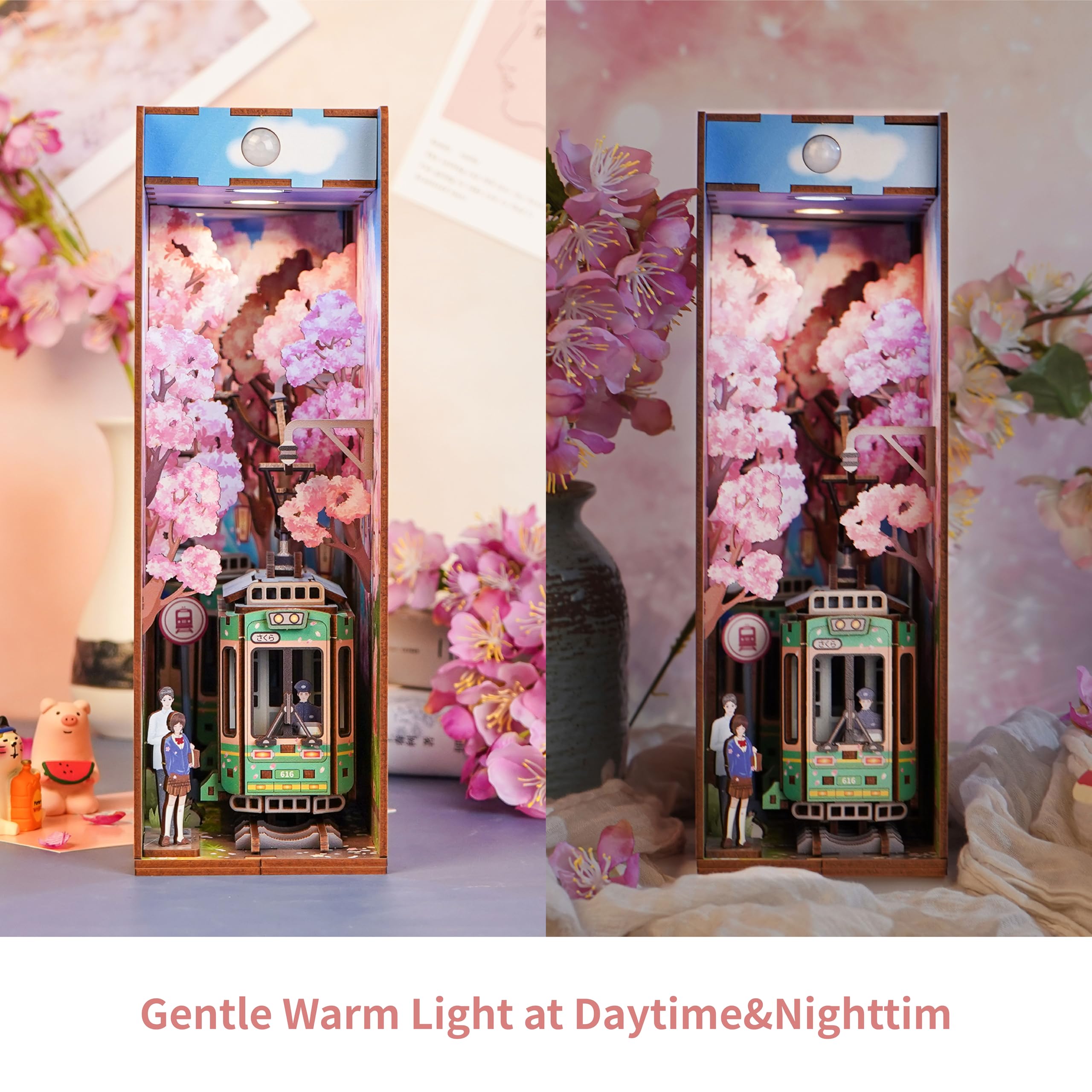 Tonecheer Zestaw "zrób to sam" Book Nook Kit Sakura's Travel zestaw modelarski, drewniane puzzle 3D dla dorosłych do budowy, miniaturowy zestaw domków dla lalek, zestaw do majsterkowania z