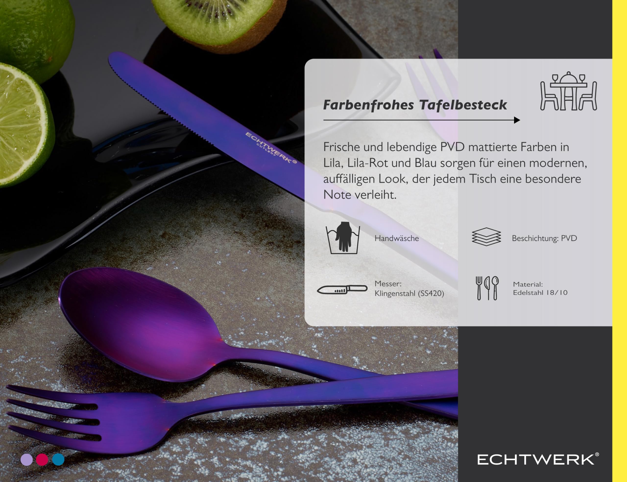 ECHTWERK Tafelbesteck Positano, Besteck-Set, Purple Edition, 30-teilig, für 6 Personen, Edelstahl 18/10 - mattiert, inkl. Aufbewahrungs-Kassette