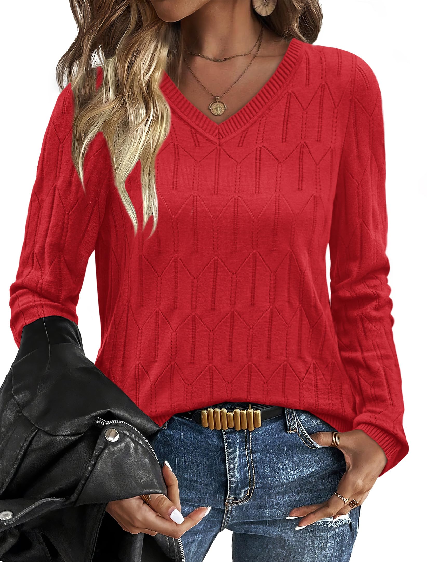 OFEEFAN Womens Sweaters Long Sleeve Shirts Fall Outfits 2025 V Neck Soft Knit Pullover Trendy Tops Dressy Casual