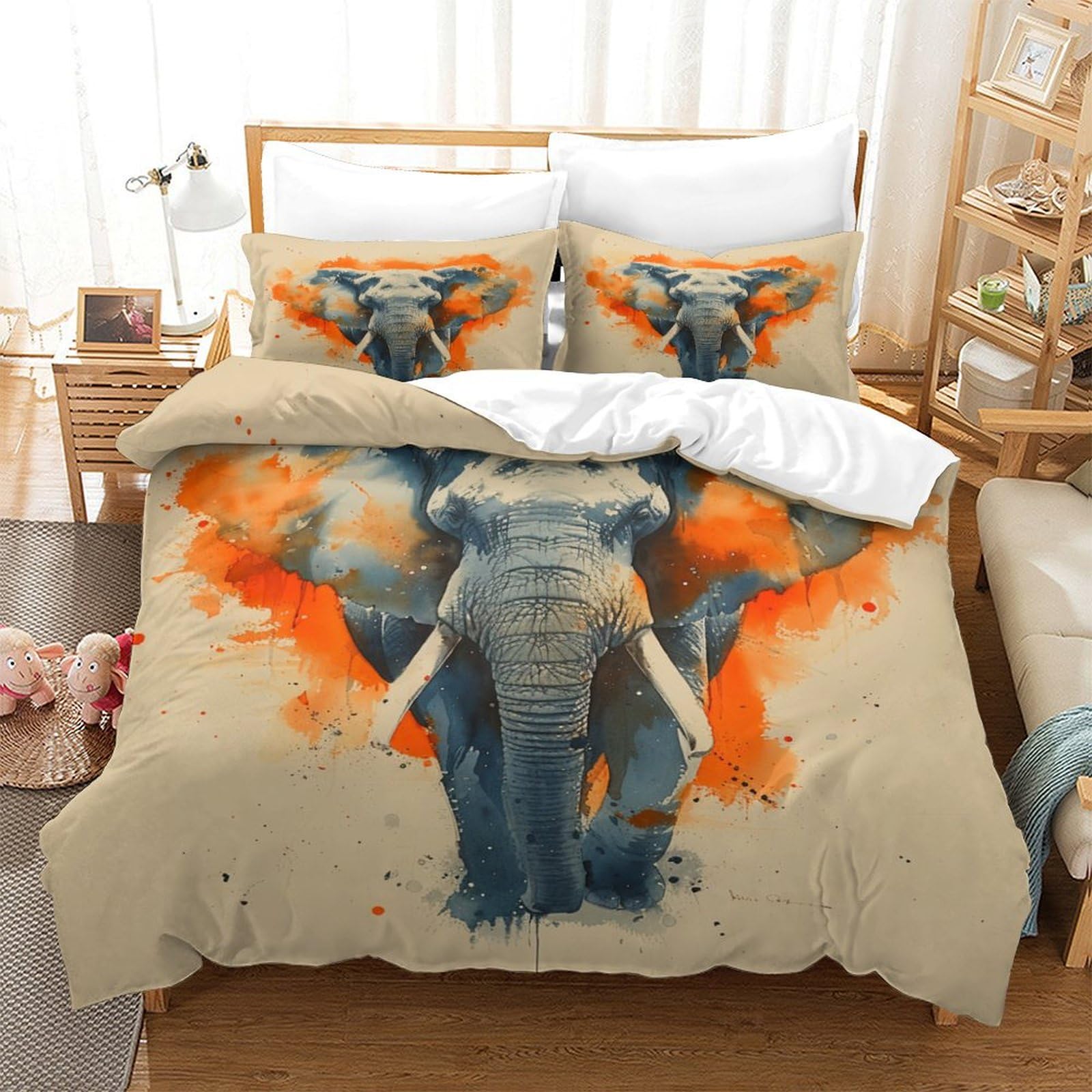 P1S9U7W5Y Artful Animal 3D Printed Elephant Duvet Cover Set 3 Pieces Microfiber Bedroom Decor Elephant Bedding Set for Adults Teens Soft Breathable Double（200x200cm）