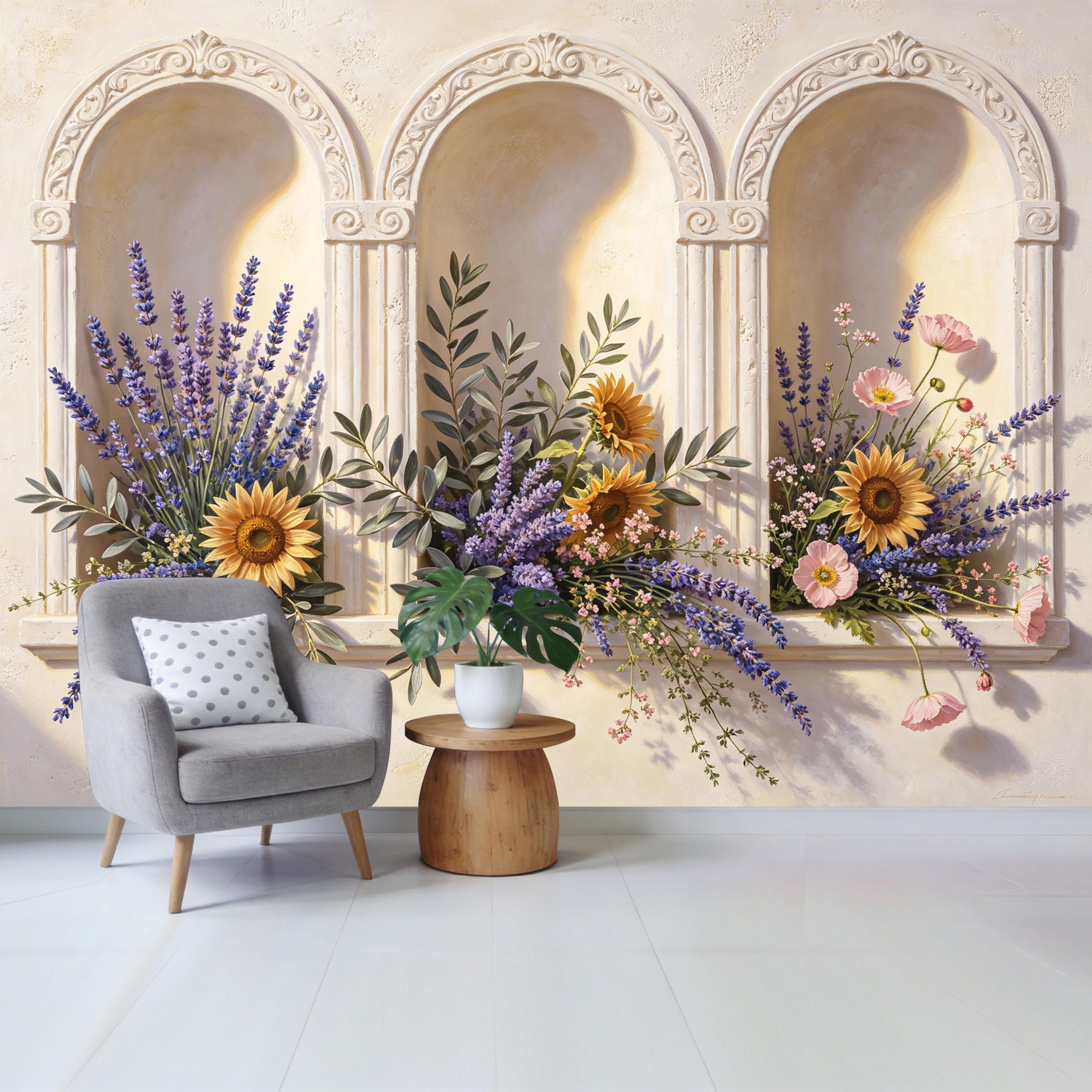 Custom Size Wall Mural Mediterranean Floral Arch Sunflower Lavender Botanical Removable Self Adhesive Fabric Home Wall Decor for Living Room Bedroom Bathroom