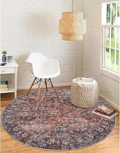 LIVEBOX Alfombra redonda bohemia lavable de 4 pies, alfombra tradicional para dormitorio, alfombra retro ultrafina con estampado rojo, alfombra