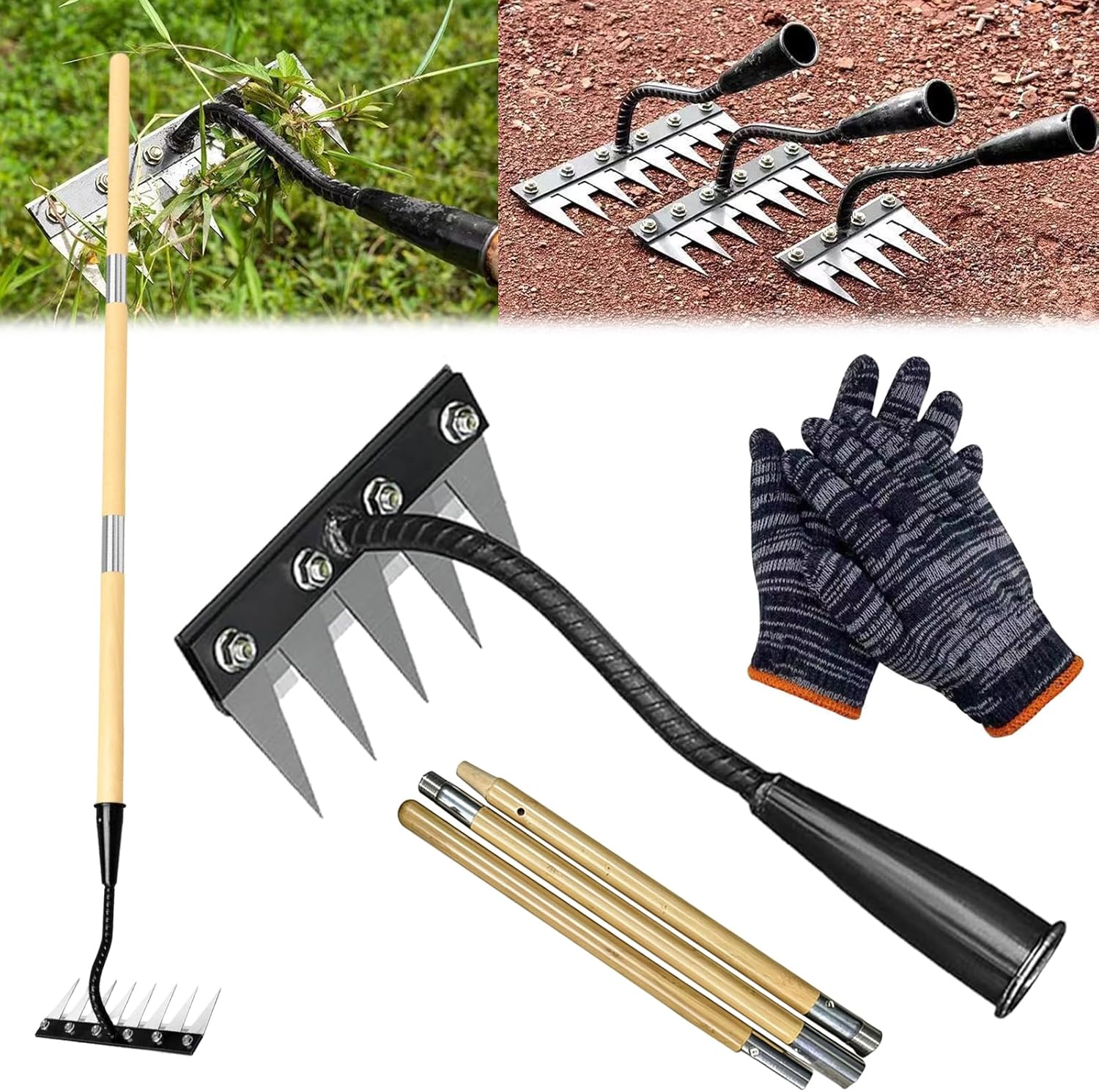Upgraded Iron Weeding Rake with Long Handle, 5/6/7/8 Teeth Carbon Steel Garden Weed Puller Tool, Heavy Duty Manual Weeder for Lawn, Flower Beds & Soil Aeration (with Handle, 5 Teeth)