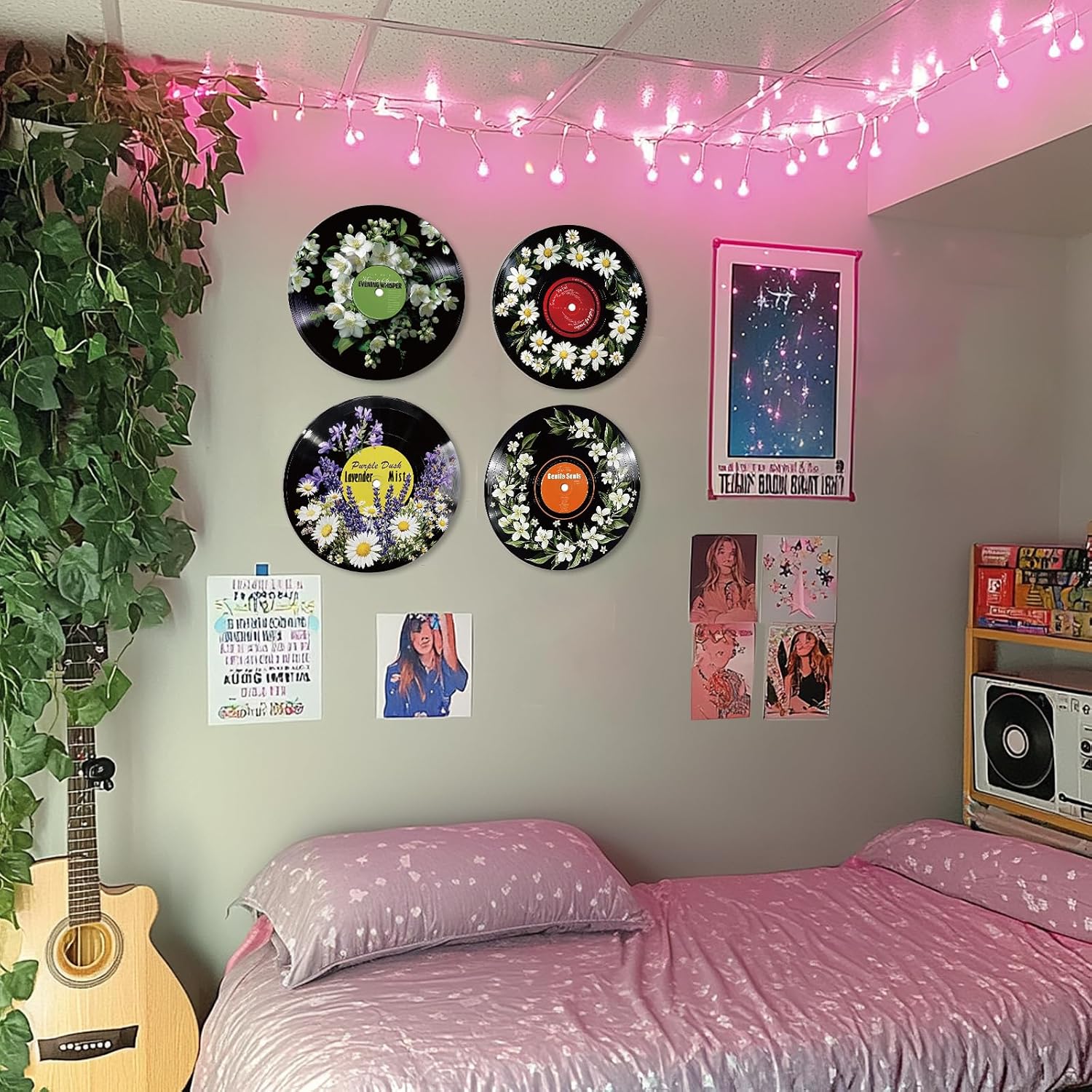 twinklemon 4PCS Vinyl Record Decor 12 Inch Record Decorations Botanical Wall Art Hippie Decor Posters for Room Aesthetic Flower Leaves Records Wall Art for Music Party Studio Display