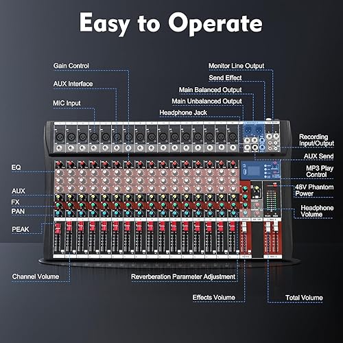 Miniatura 2 de Mezclador de audio DJ de 16 canales con Bluetooth USB, consola mezcladora de sonido de audio de estudio, mezclador de potencia profesional de ultra