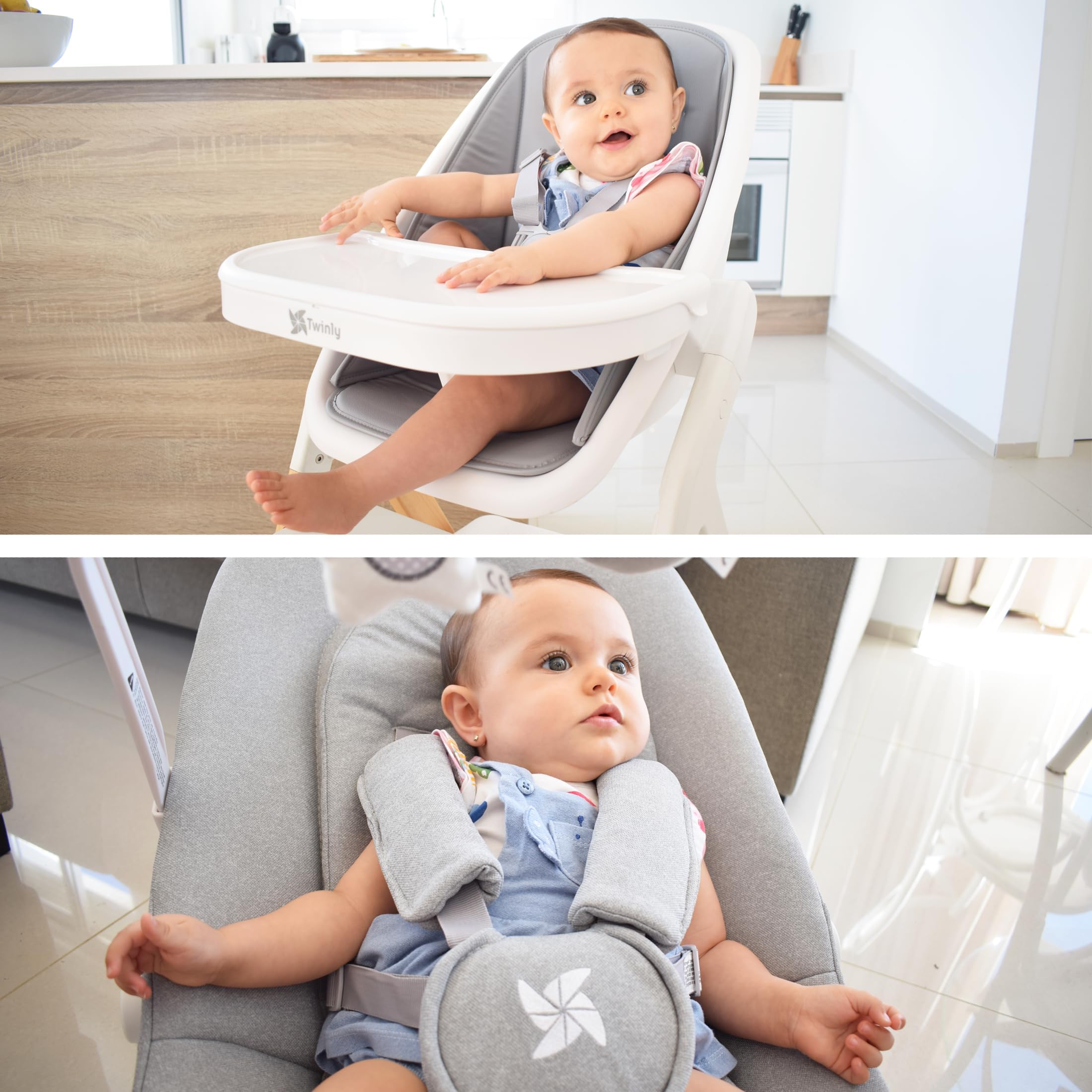 Twinly - Trona Evolutiva Bebé Set con hamaca 5 en 1 Multifunción Alaia: Hamaquita, Torre de Aprendizaje, Silla - desde Nacimiento 0m+ -Plegable y Ergonómica Madera Haya - Arnés con protector