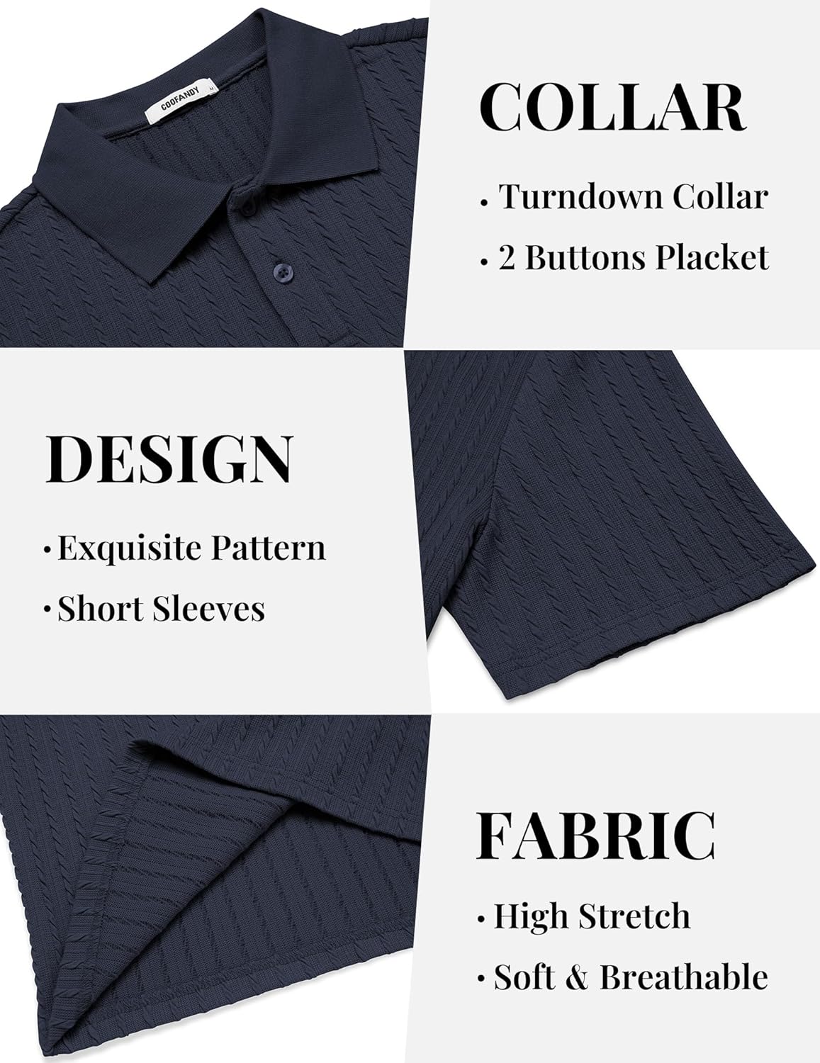 COOFANDY Mens Polo Shirt Textured Knit Button Casual Short Sleeve Summer Vacation Beach Stretchy Golf Shirts Navy Blue Large image 5 of 6 B0G4M73DXG