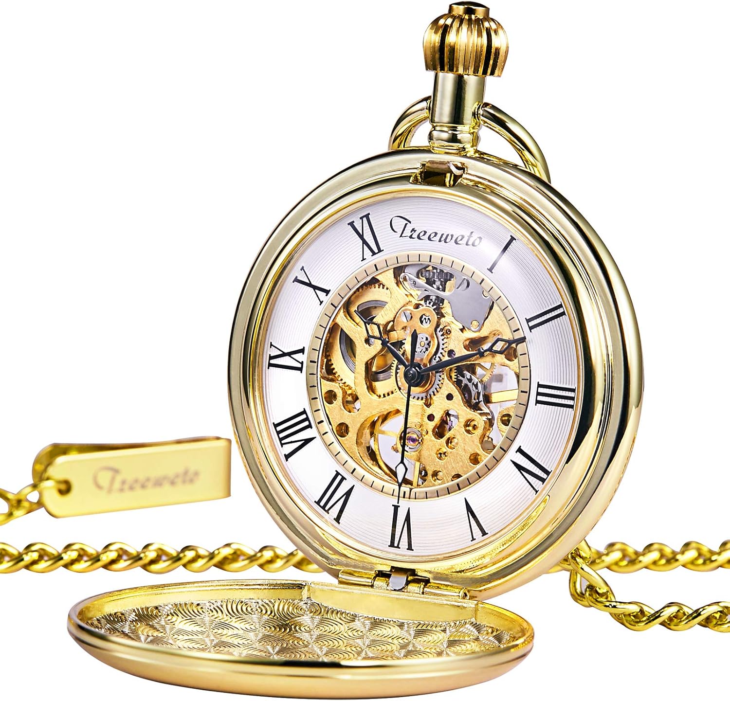 TREEWETO Pocket Watch Gold Smooth Case Skeleton Dial Mechanical Movement with Chain + Box