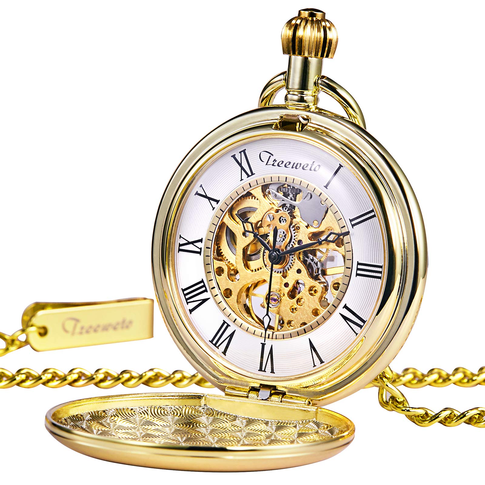 TREEWETO Reloj de bolsillo plateado/dorado con esfera de esqueleto y movimiento mecánico con cadena + caja de regalo