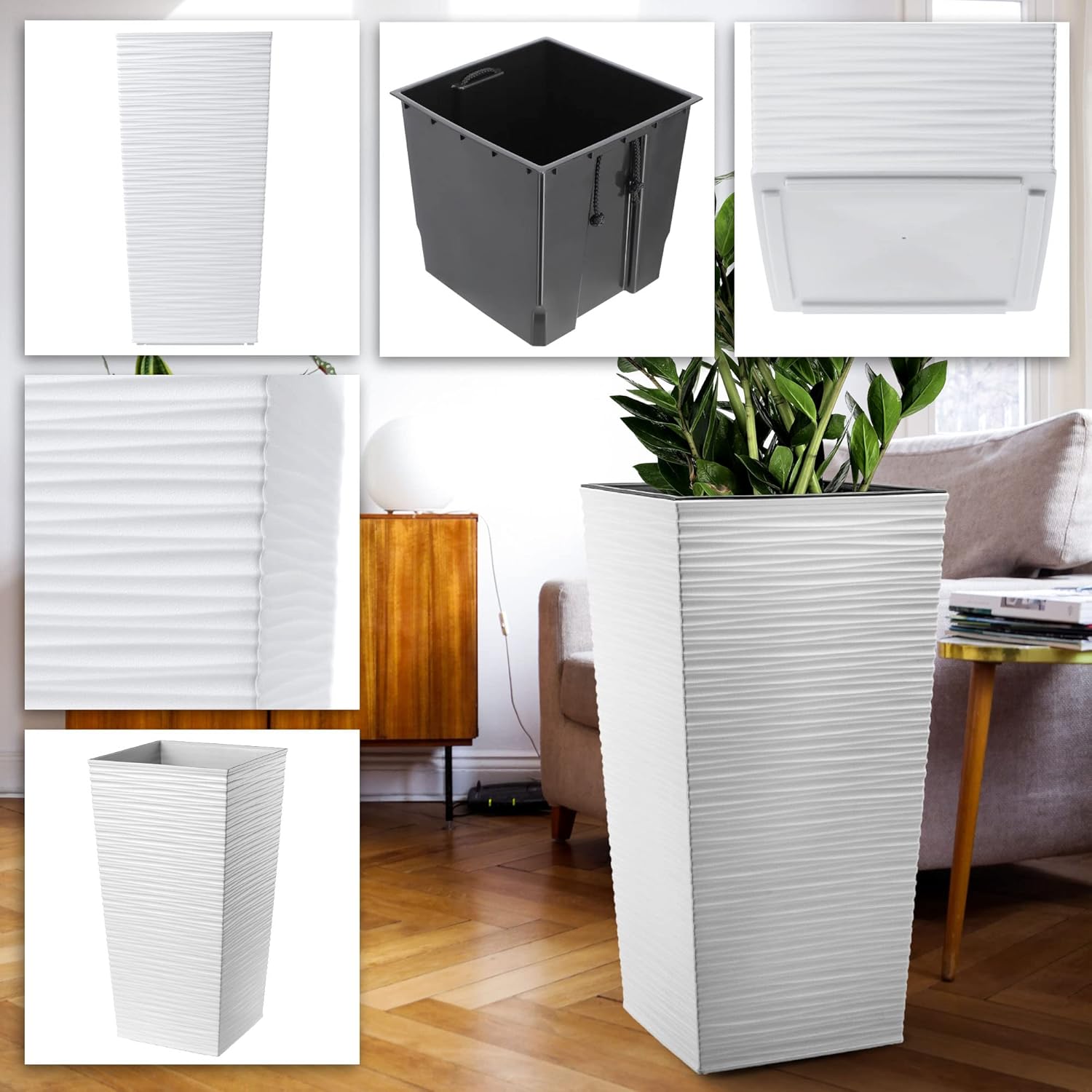 Collage showing KADAX flower pot features, including texture, insert, and indoor use.