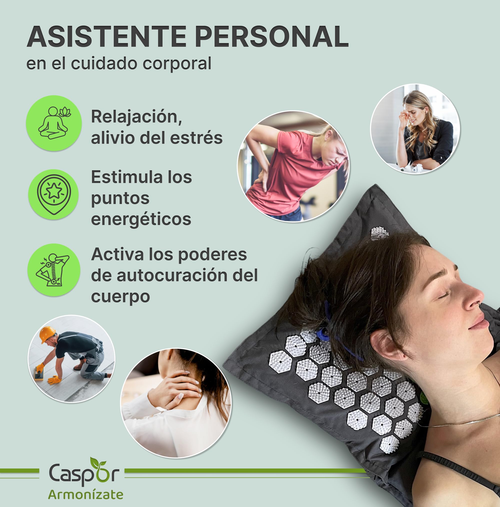 Akupressur Eco Set - Esterilla de acupresión con cojín, bolsa, guantes de masaje de lino 100% con fibras de coco, ganador de pruebas mate 05/24 para el dolor de espalda Caspor®