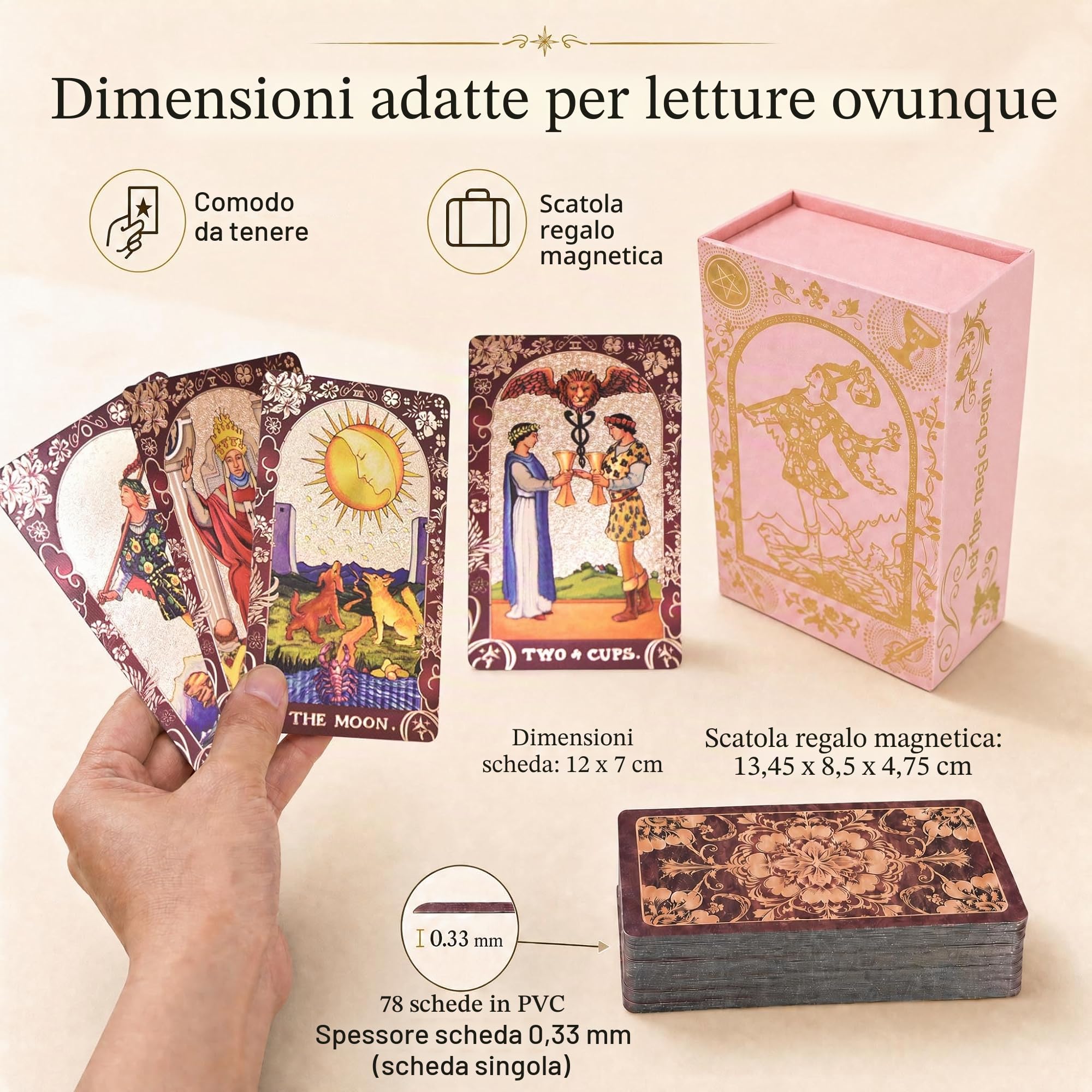 Tarocchi Inglesi Rosso Vino in Lamina d’Oro, 78 Carte + 2 Carte Bonus, Mazzo Tarot Impermeabile in PVC con Guida Illustrata da 36 Pagine