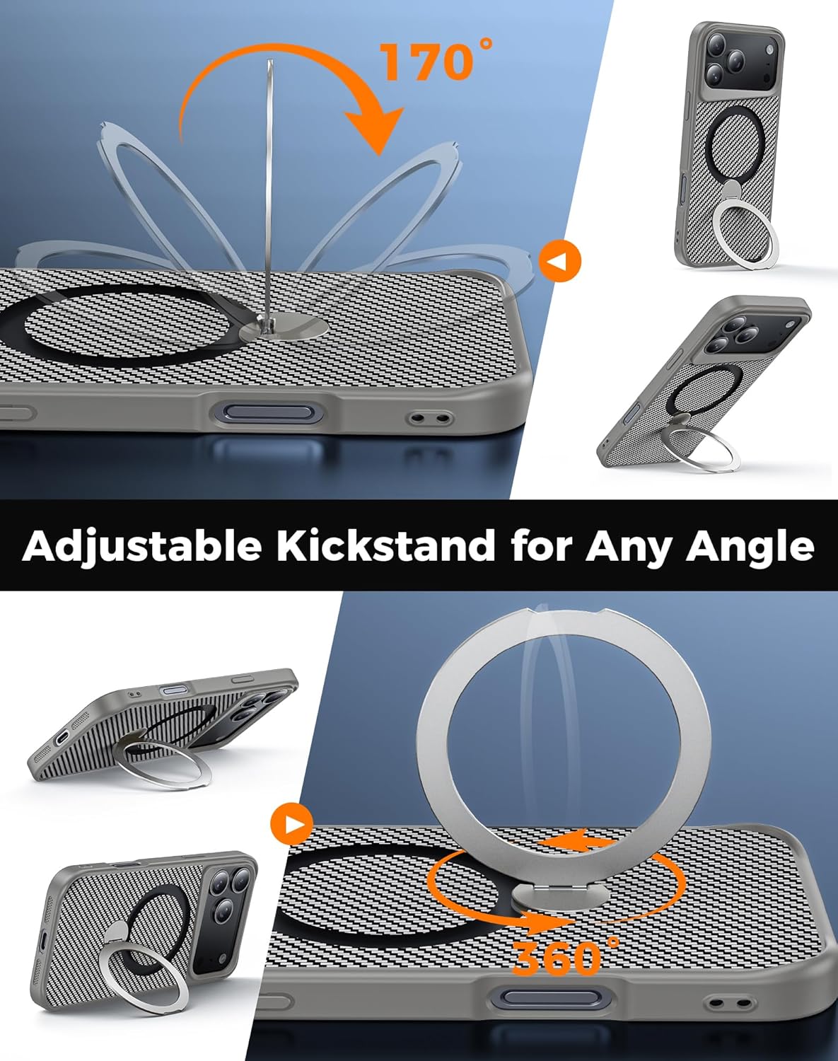 Designed for iPhone 17 Pro Max Case with 360° Magnetic Stand, Carbon Fiber Phone Case [Compatible with Magsafe] [15FT Military Protection] with Stand Ring 6.9'', Natural Titanium