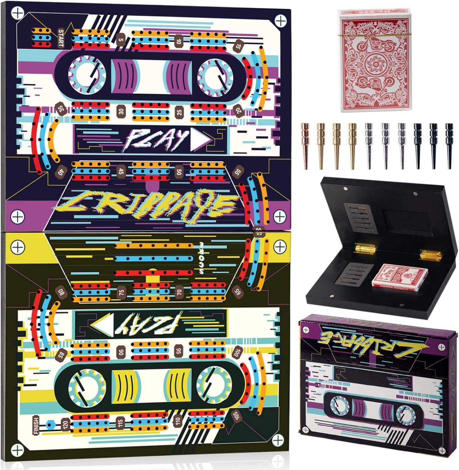 Wooden Cribbage Board Game Set, Travel Cribbage, 3-Track Color Board with Playing Cards, Metal Pegs and Storage - Ideal for Game Night (Cyber)