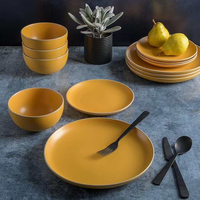Gibson Home Rockaway Round Stoneware Dinnerware Set, Service for 4 (12pcs), Yellow