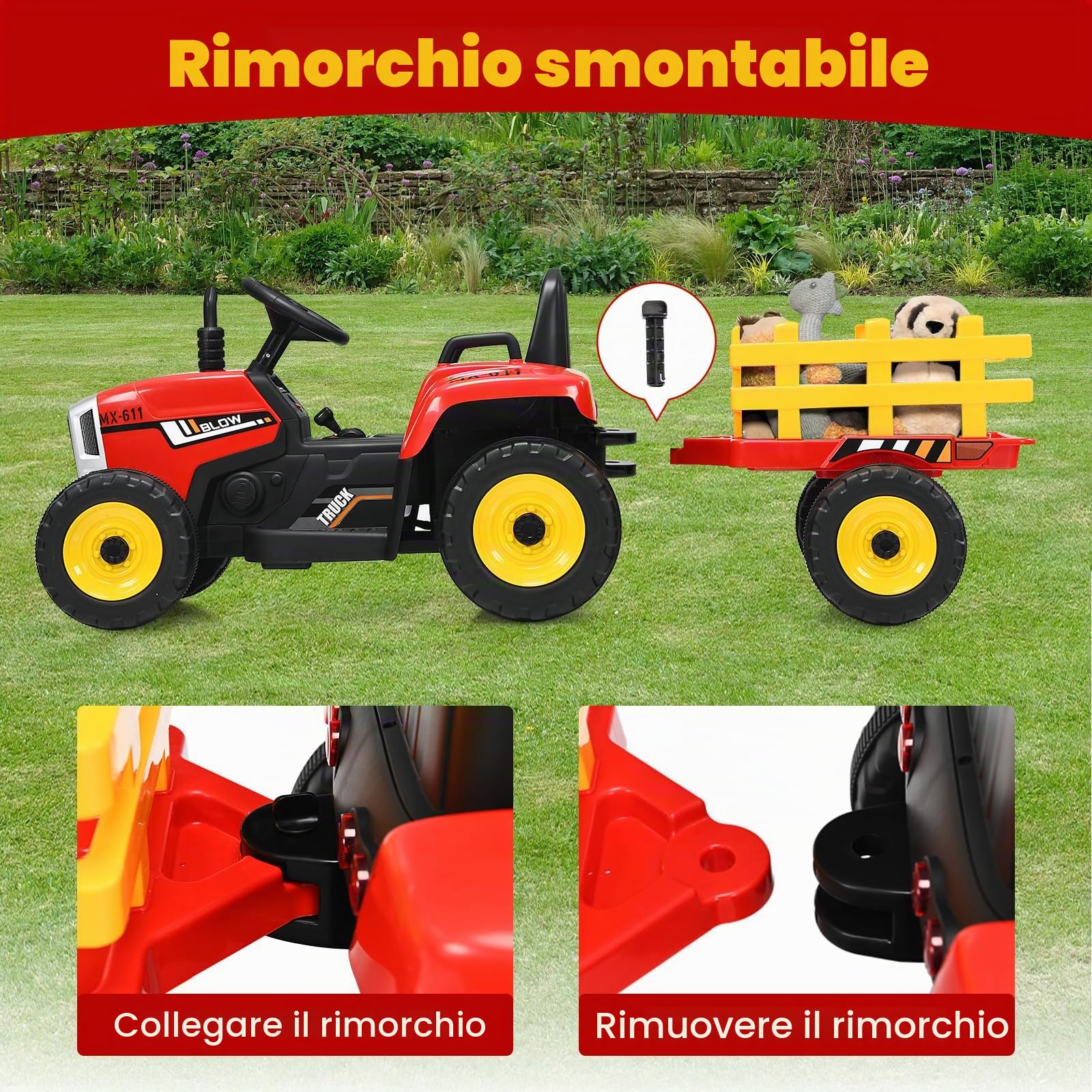 RELAX4LIFE Trattore Cavalcabile per Bambini, Trattore Ricaricabile con Rimorchio, Giocattolo Elettrico, Verde/Rosso, 136,5 x 51 x 52 cm (verde) (ROSSO)