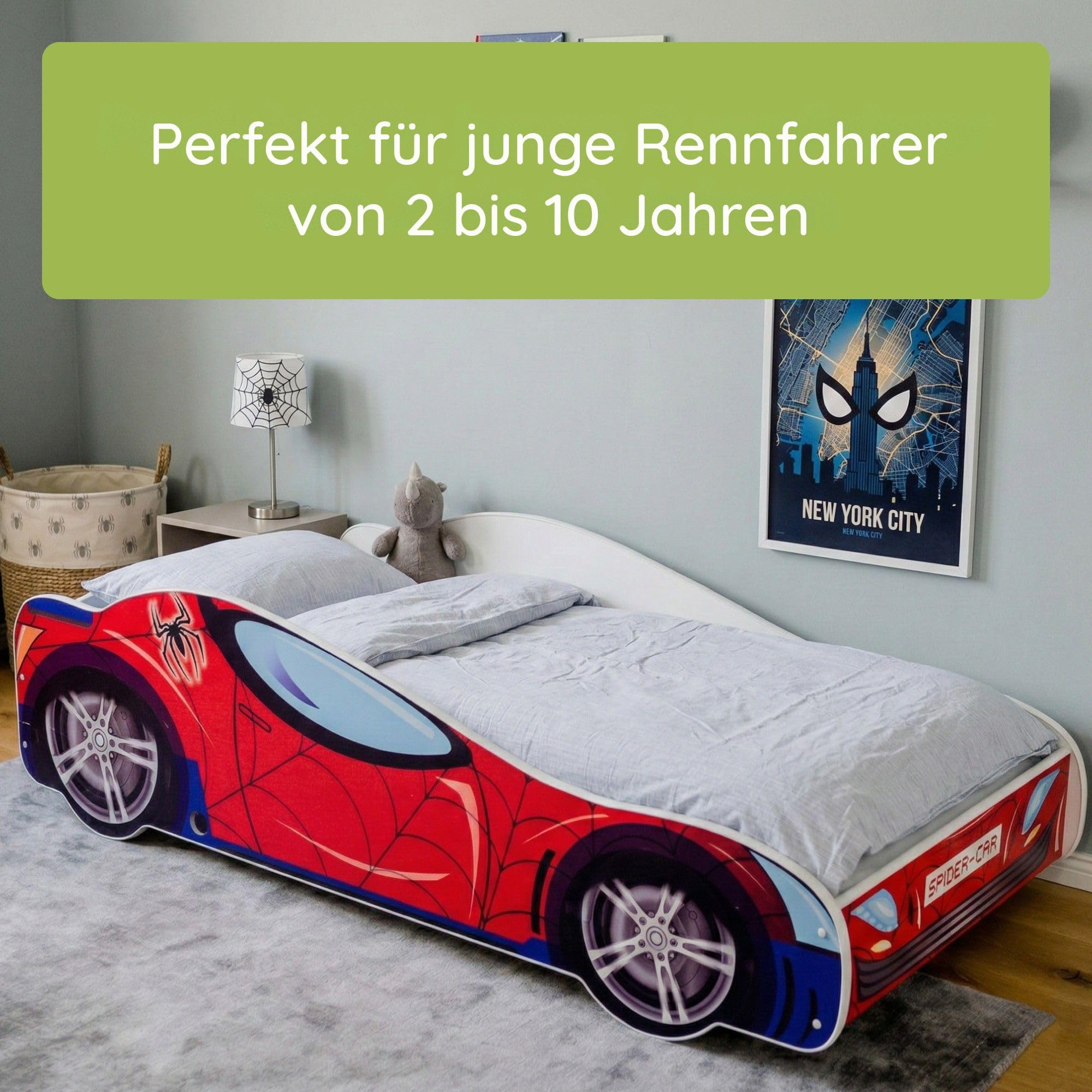 Lettino con materasso 80 x 160 cm, lettino per bambini con rete a doghe 80 x 160 cm, letto per bambini da corsa Spider