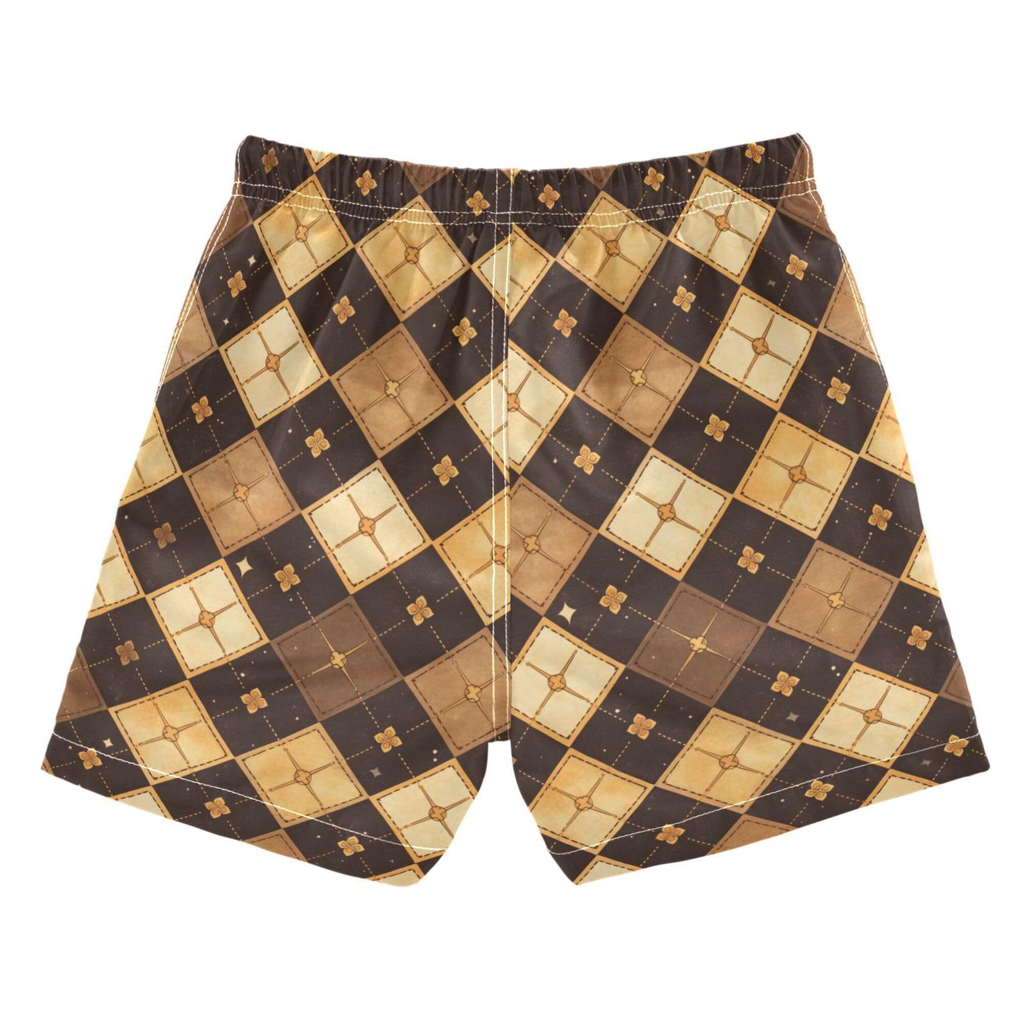 Wudan Yellow Brown Plaid Toddler Swim Shorts Elastic Boys Toddler Boardshorts Kids Swimwears Vacation L 10-12Y