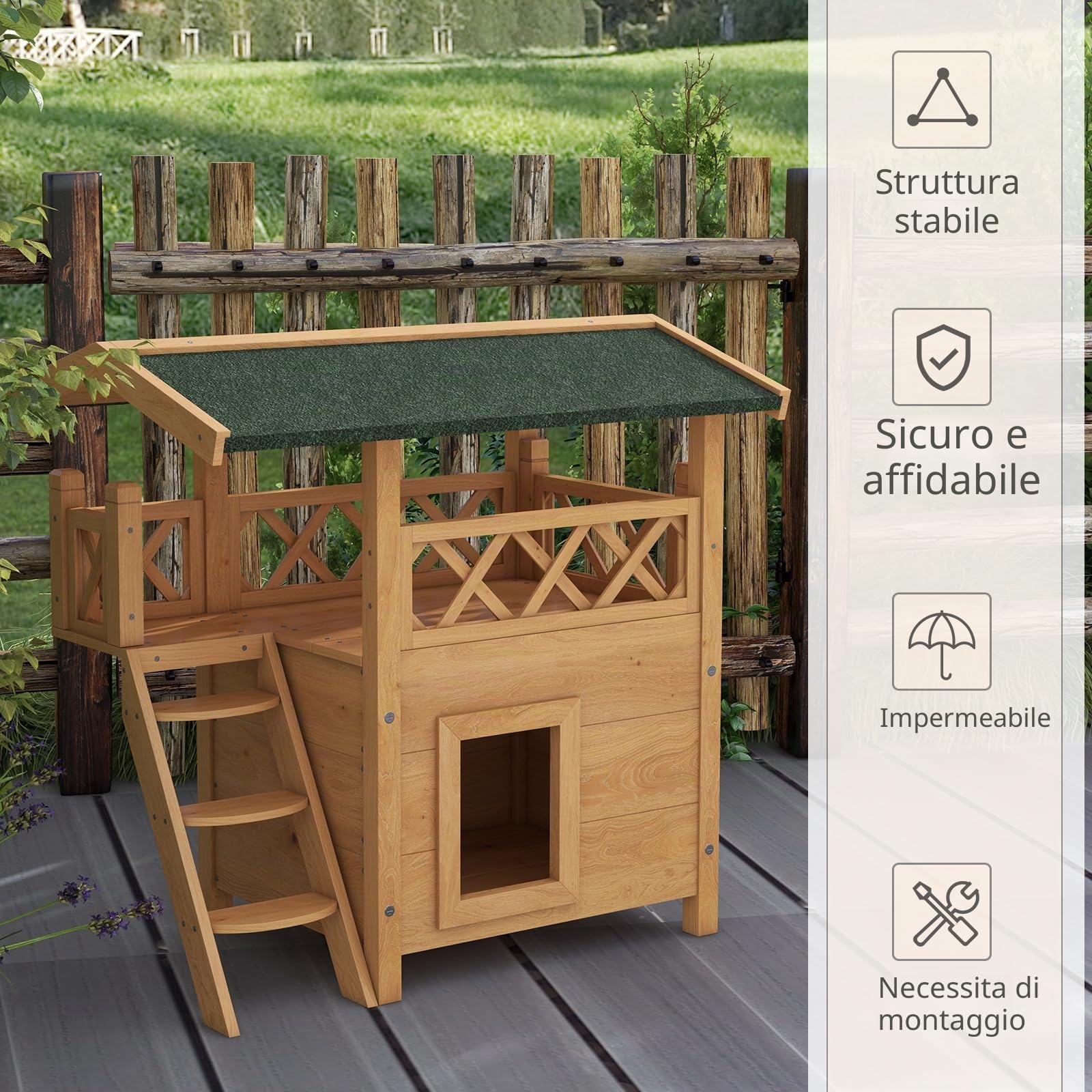 PawHut Casetta per Gatti in Legno Resistente all'Inverno, Impermeabile, con Tetto in Asfalto, Terrazza, Scala, Rifugio per Gatti per Esterni, Protezione per Giardino, Balcone 77 x 50 x 73 cm, Naturale