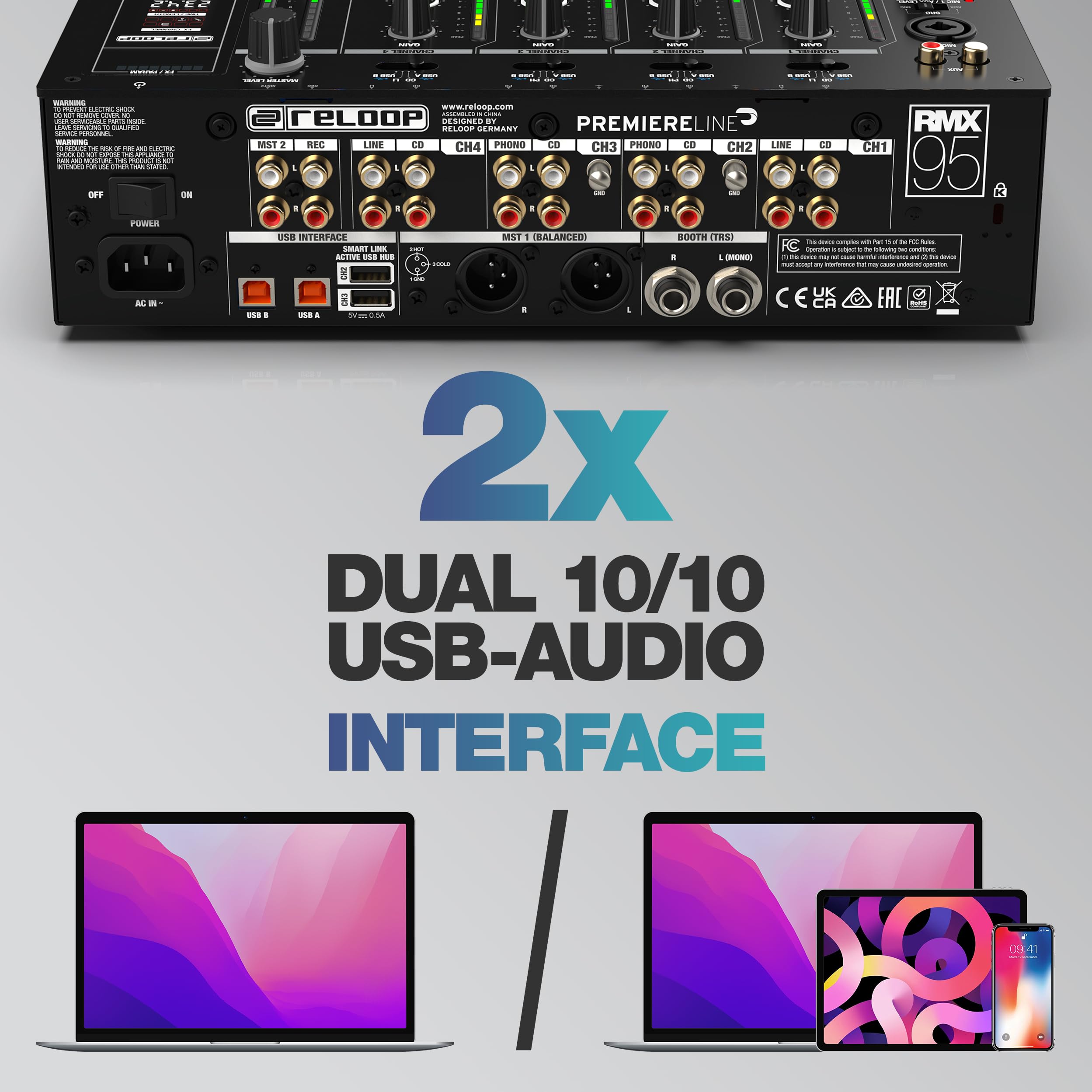 Reloop RMX-95 | Clubmixer a 4+1 canali per DJ con interfaccia a 24 bit di alta qualità, unità FX, filtri audio, modalità Neural Mix™ EQ e hub USB attivo