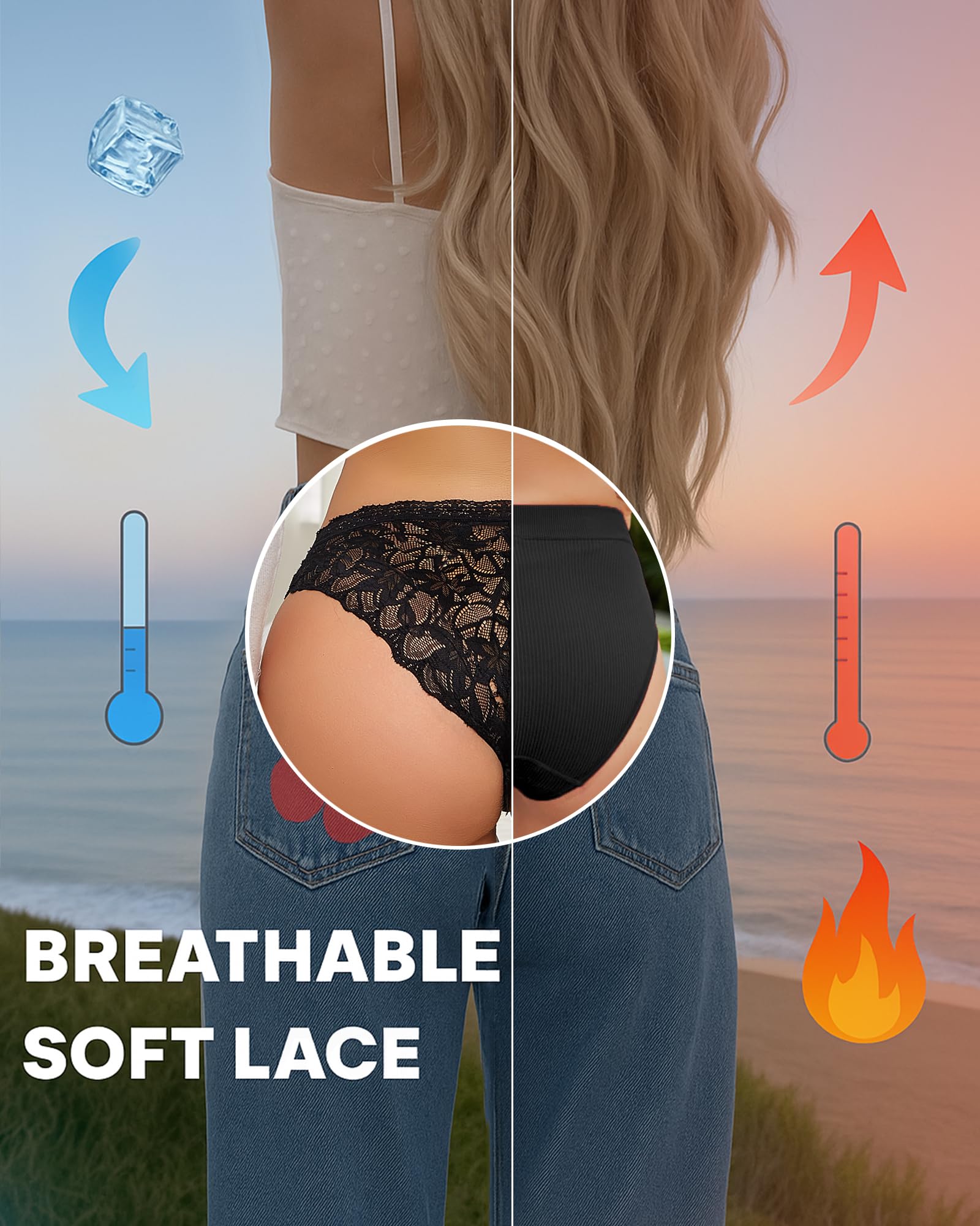 ROSYCORAL Sexy Underwear for Women Lace Cheeky Soft Hipster Low Rise Breathable Undies Cotton Bikini Panties 6 Pack