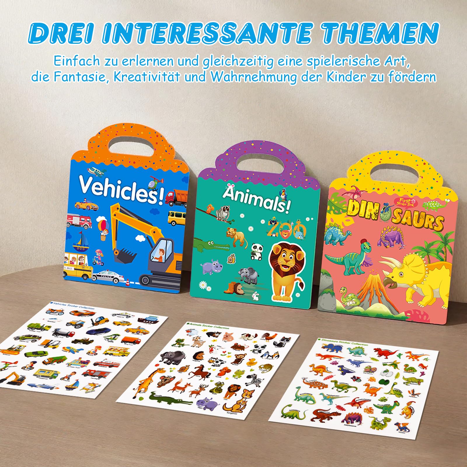 SENLINLIN 3 Stickerbücher Ab 4-8 Jahre - Prinzessin, Dinosaurier, Fahrzeuge Motive