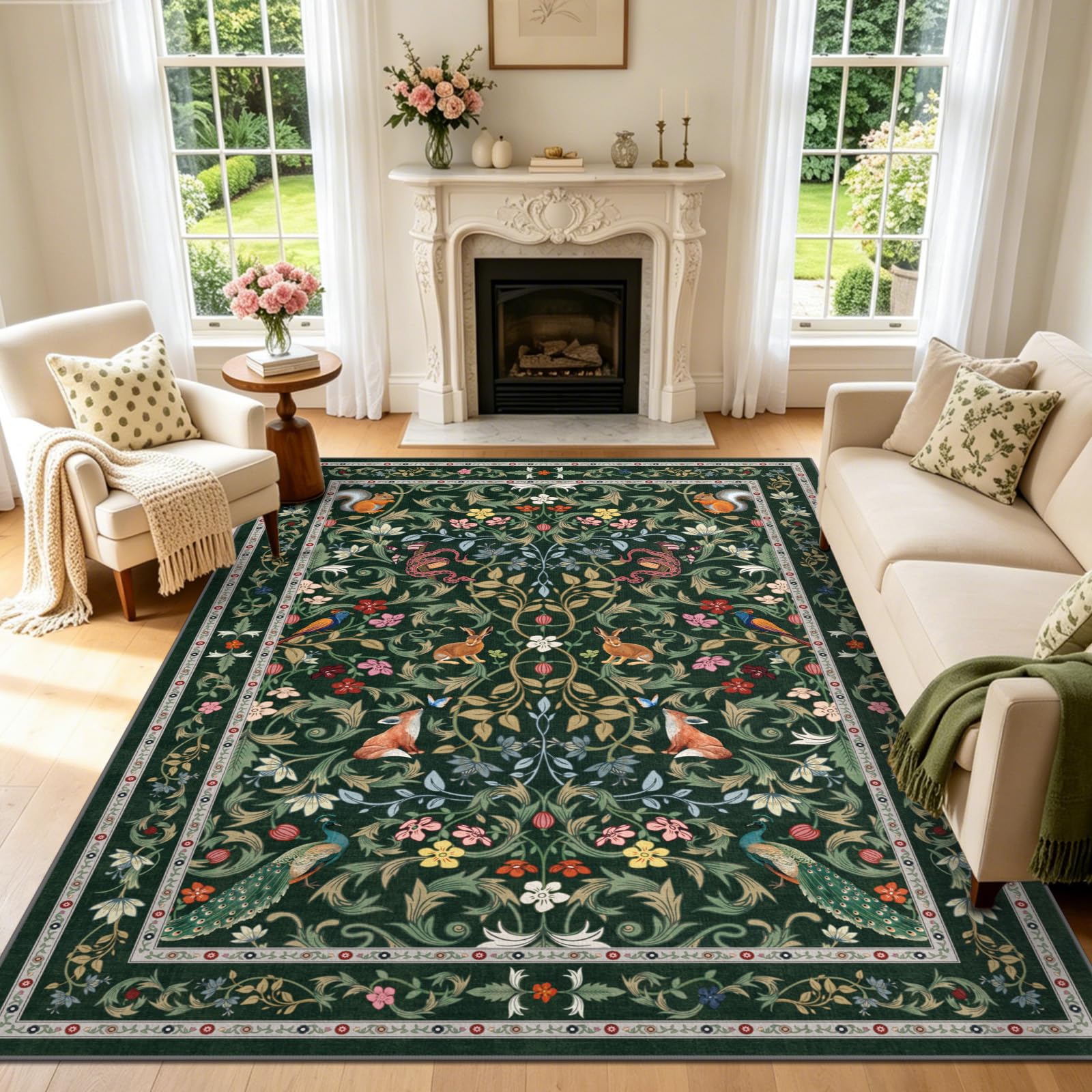 TUKDAK Tiere Teppich Wohnzimmer 120x180cm, Grün Vintage Waschbarer rutschfest Teppich Schlafzimmer, Boho Wald Kurzflor Esszimmer Teppiche, Weich Waschbar Teppiche für Küche Kinderzimmer