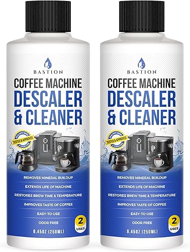 Bastion Descalcificador y limpiador de cafetera - 4 usos. (2 botellas) Solución universal de descalcificación compatible con Keurig, Nespresso,