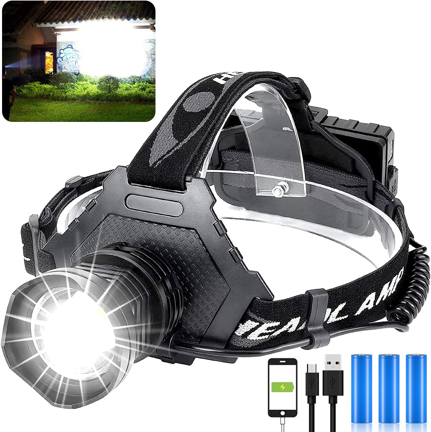 LED Rechargeable Headlamp 60000 High Lumen, XPH70 Brightest LED Work Headlight Zoomable, Waterproof, 5 Modes Lightweight Head Lamp for Adult Camping, Hard Hat, Hunting, with USB Output as Power Bank - - 