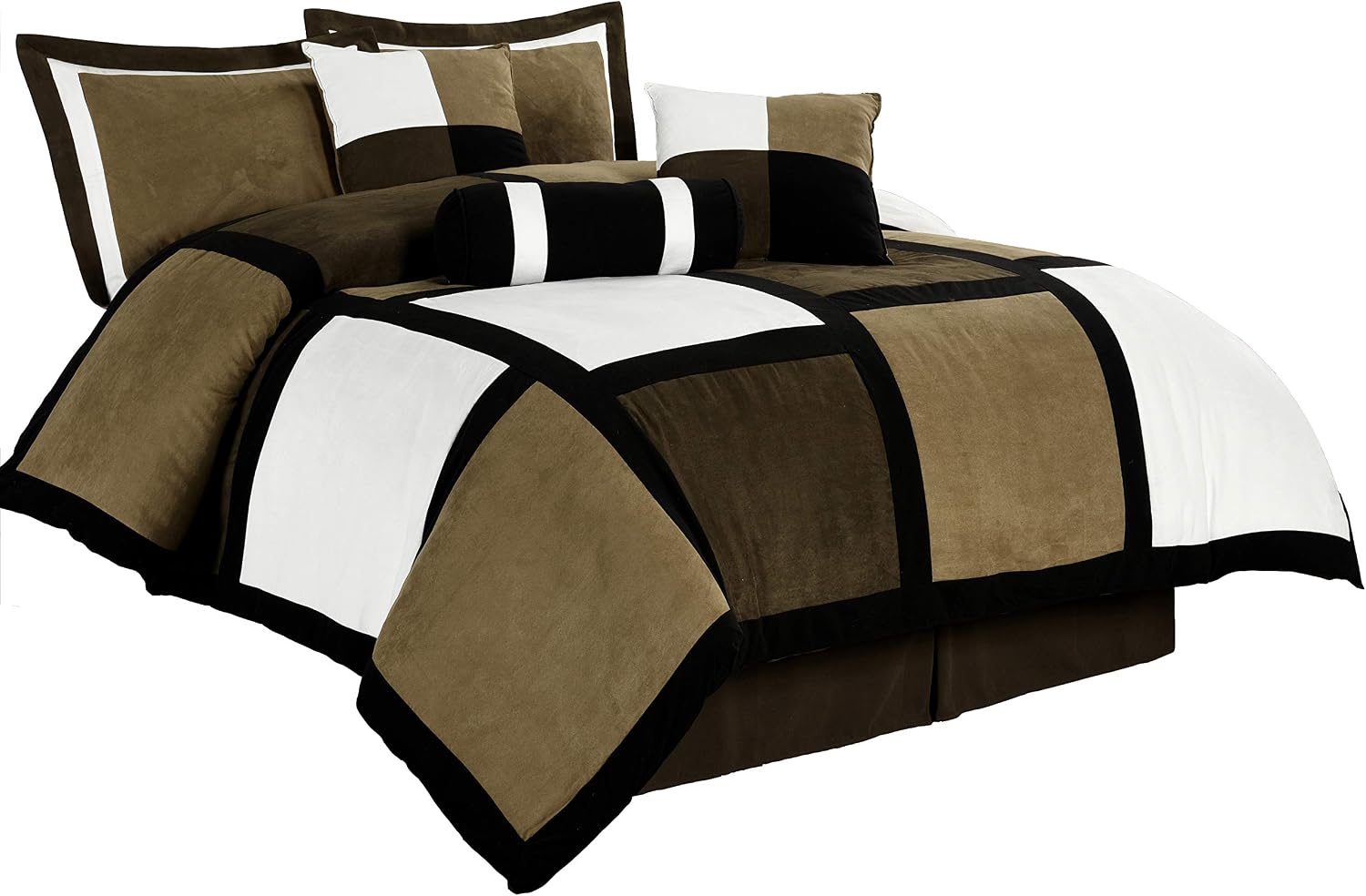 Chezmoi Collection Micro Suede Patchwork 7-Piece Comforter Set, Queen, Black/Brown/White