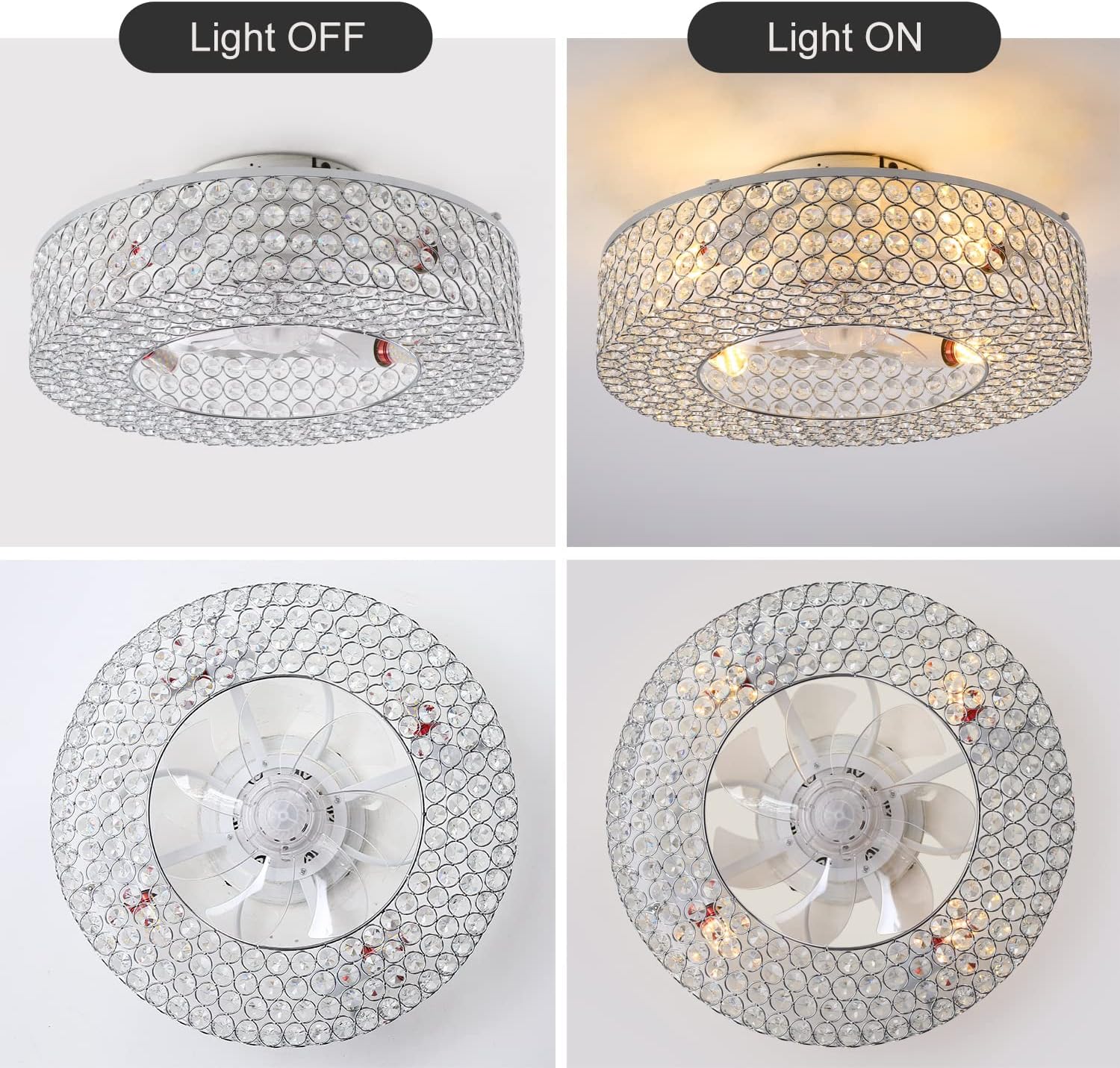 Modern Crystal Ceiling Fan with Light Remote Control, 19.6 Inch Enclosed Bedroom Fan with Lights, 6-Speed Quiet reversible motor, Flush Mount Fandelier for Low Ceiling, Living Room, Dining Room