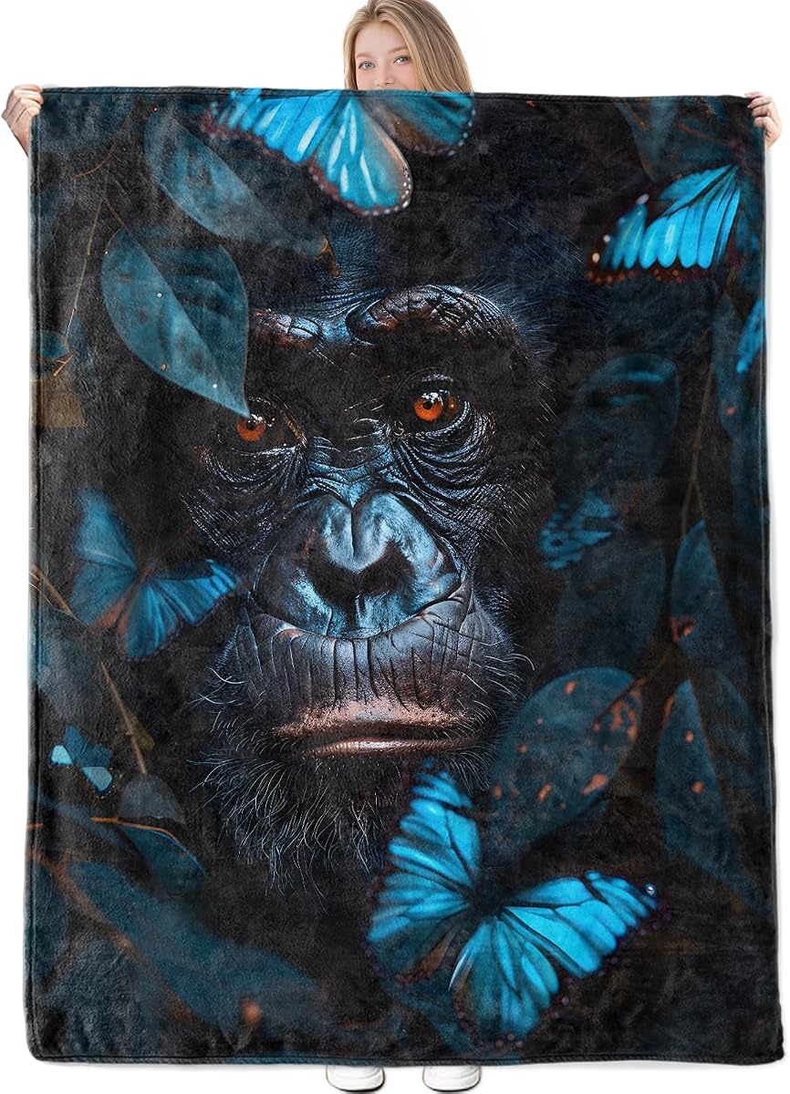 Gorilla Throw Blanket, 50x60 Inch, Flannel Butterfly and Wildlife Blankets for Bedroom, Camping, Couch, Living Room Decor, Warm Cozy Soft Fantasy Realistic Gifts for Men Animal Lovers