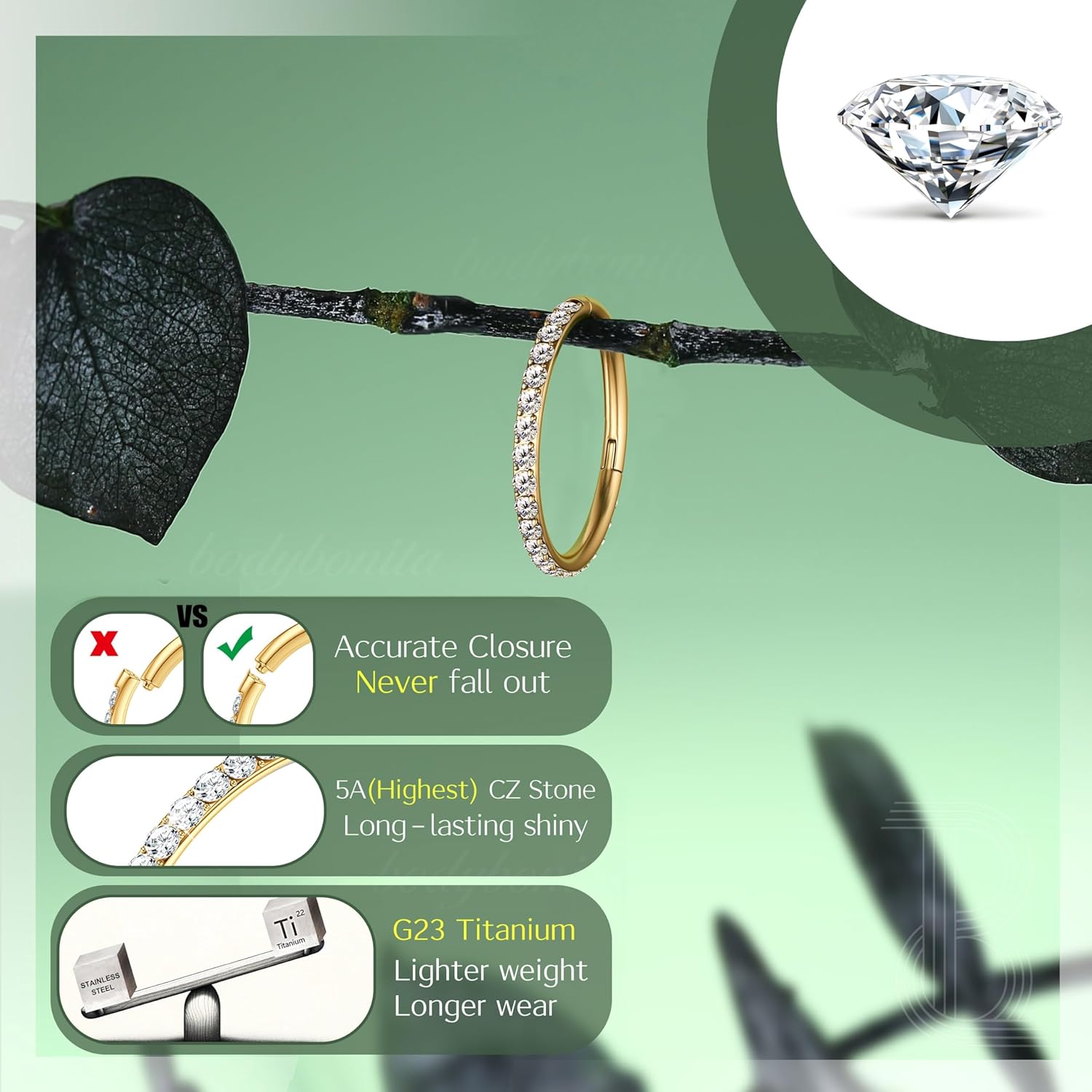 BodyBonita G23 Titanium CZ Nose Rings Hoops - 20G/18G/16G/14G Septum Rings Nose Hoop Clicker Cartilage Earring for Women Helix Rook Tragus Conch Piercing Jewelry Daith Ring Silver/14k Gold Plated - Image 2