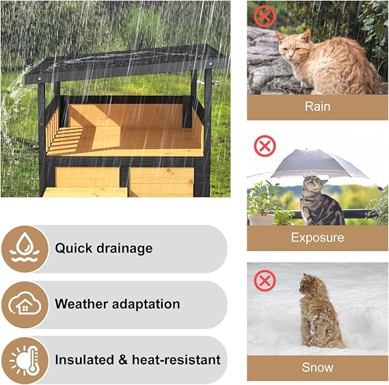 TIMHAKA Cat House Weatherproof, Wooden Two Story Feral Cat Shelter with Escape Door, Indoor/Outdoor Enclosure for Small/Medium Pets, Pull-Out Bottom & Scratching Mat Included - Black and Earthy yellow
