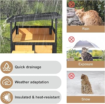 TIMHAKA Cat House Weatherproof, Wooden Two Story Feral Cat Shelter with Escape Door, Indoor/Outdoor Enclosure for Small/Medium Pets, Pull-Out Bottom & Scratching Mat Included - Black and Earthy yellow